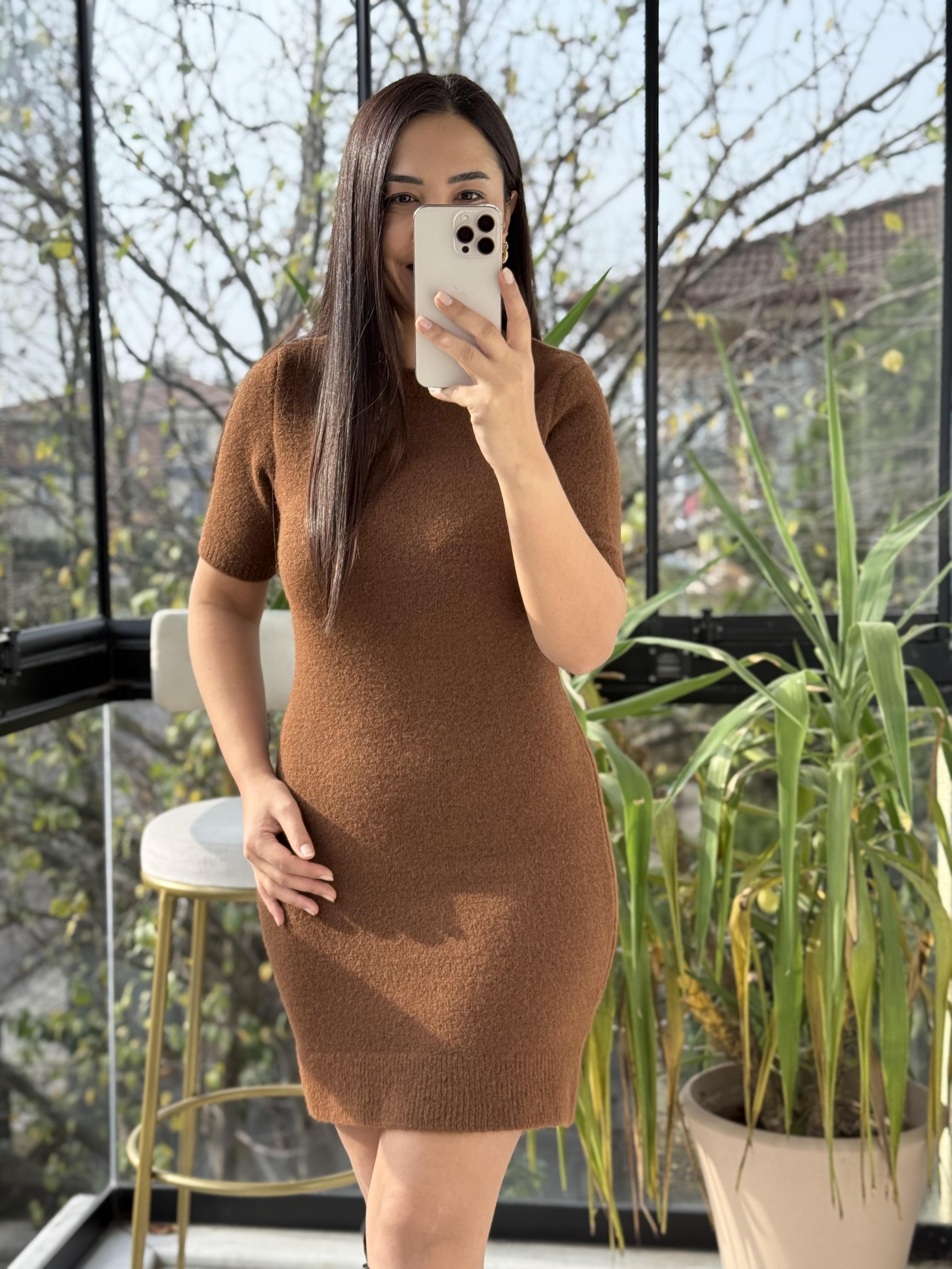 Yumoş Kısa Kol Elbise Kahve