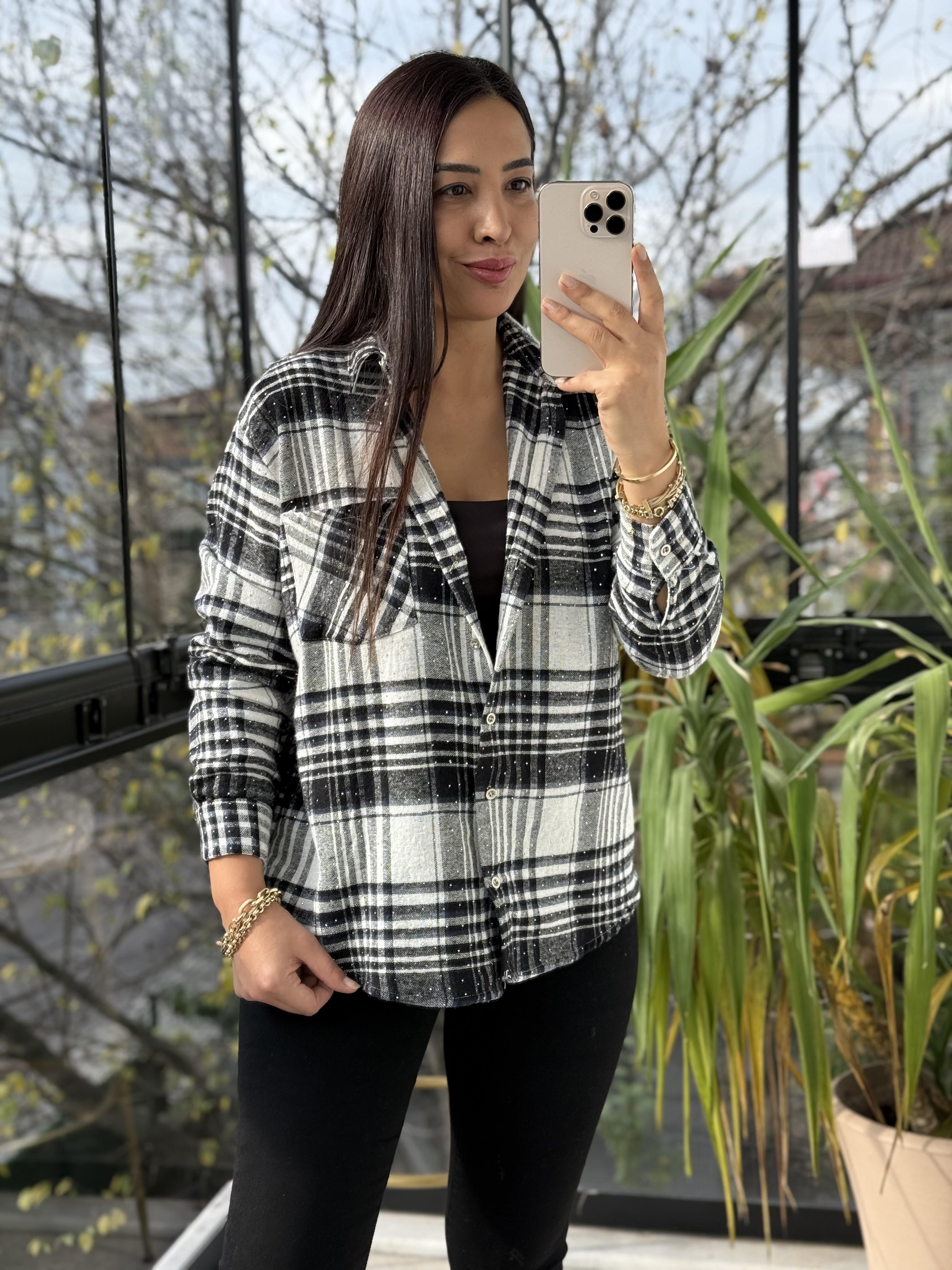 Taşlı Ekose Gömlek Siyah