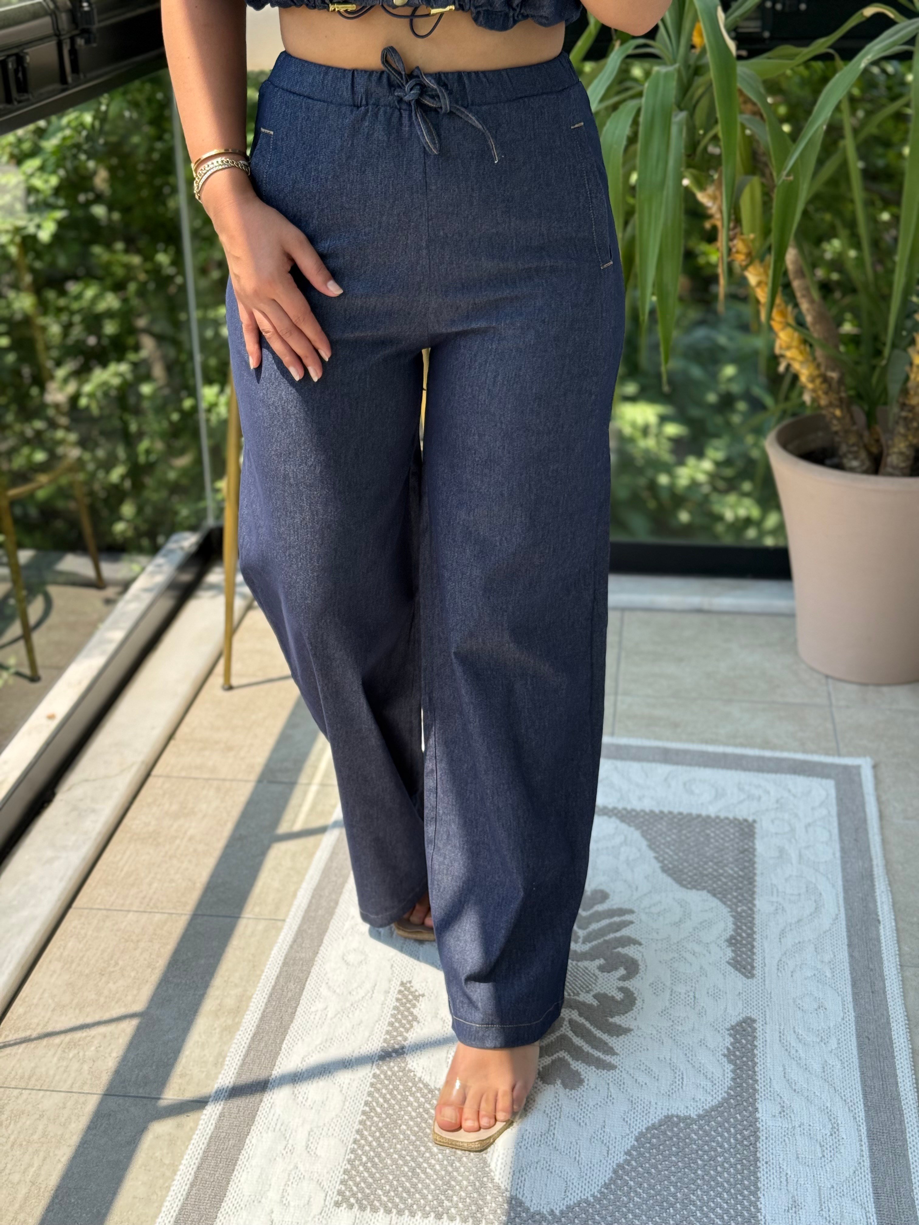 Lastikli Denim Pantolon Mavi