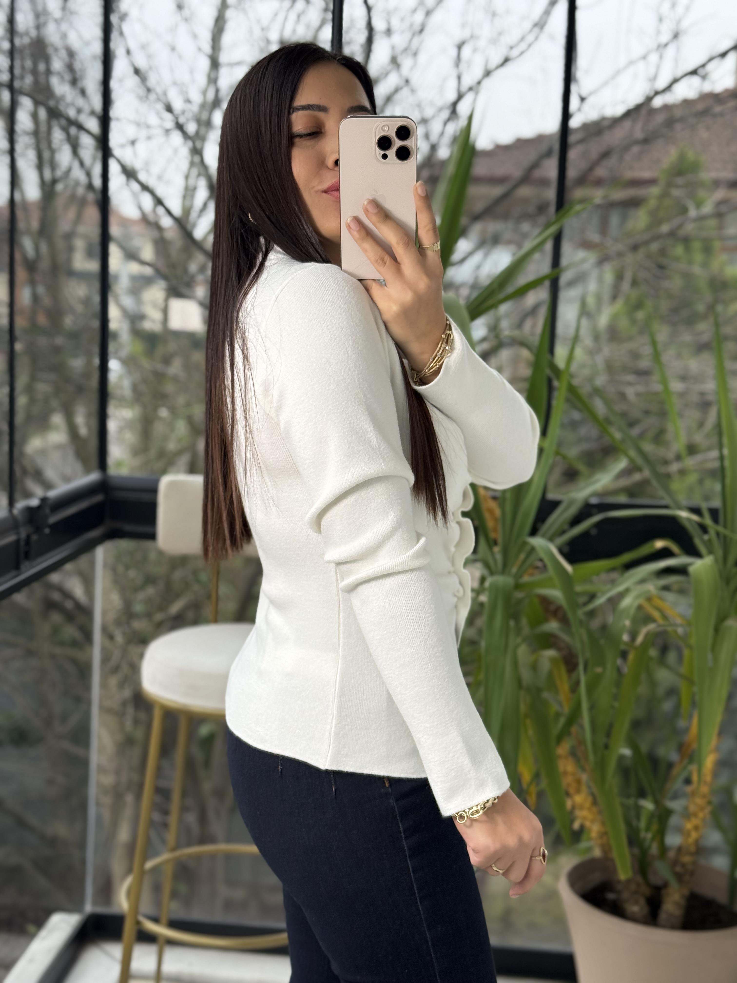 Önü Büzgülü Düğmeli Triko Hırka Krem