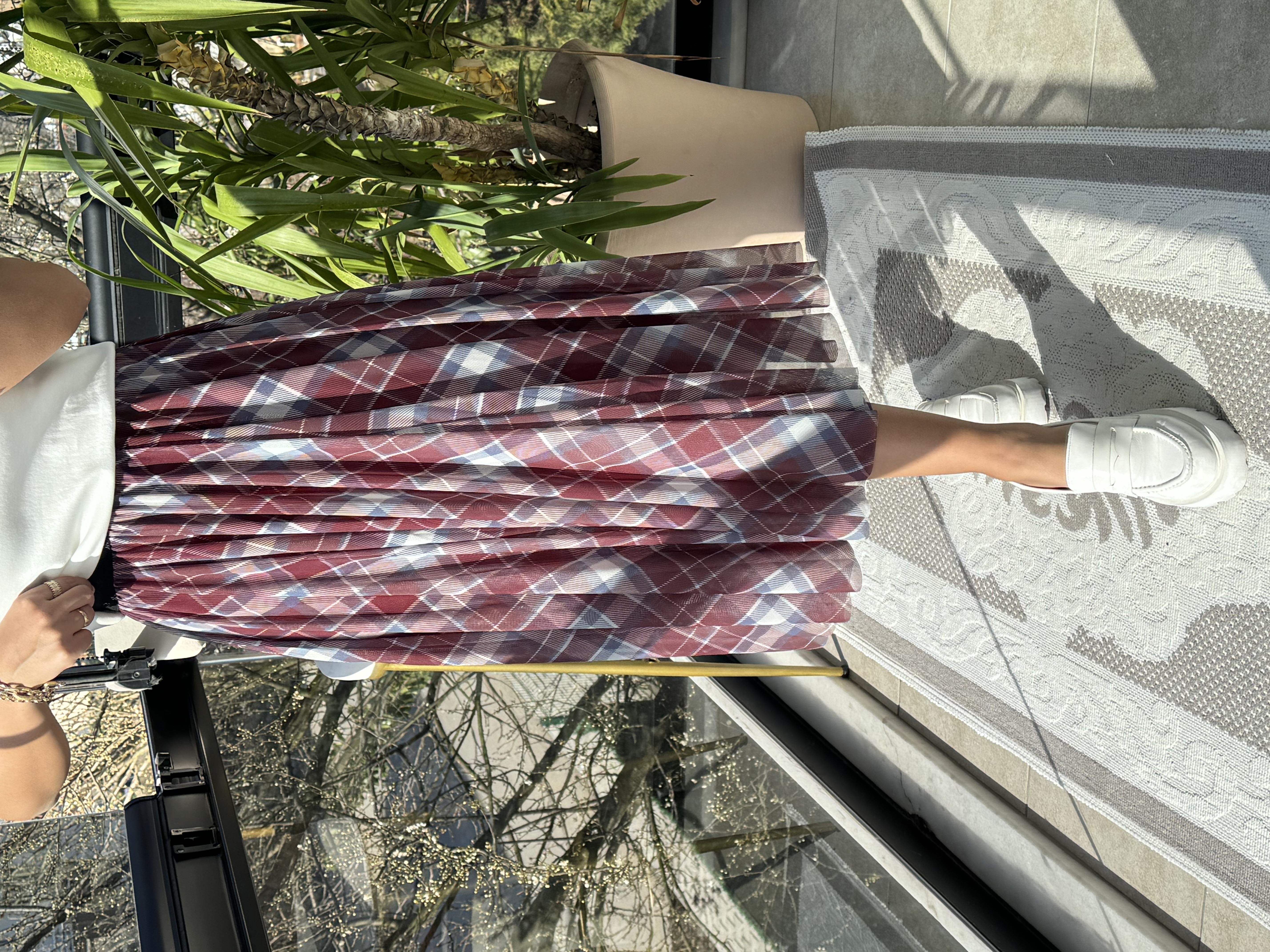 Ekose Tüllü Etek Bordo