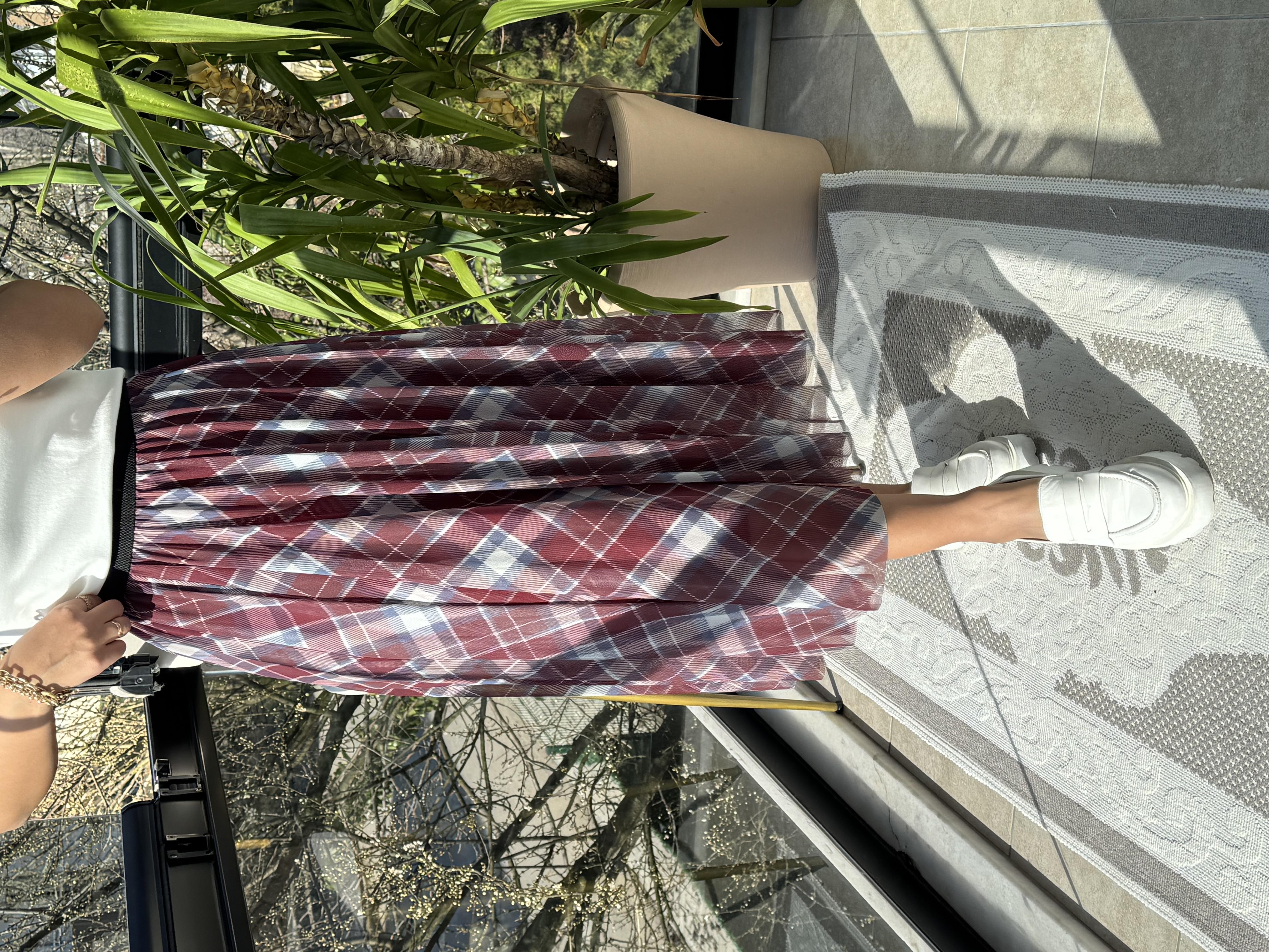 Ekose Tüllü Etek Bordo