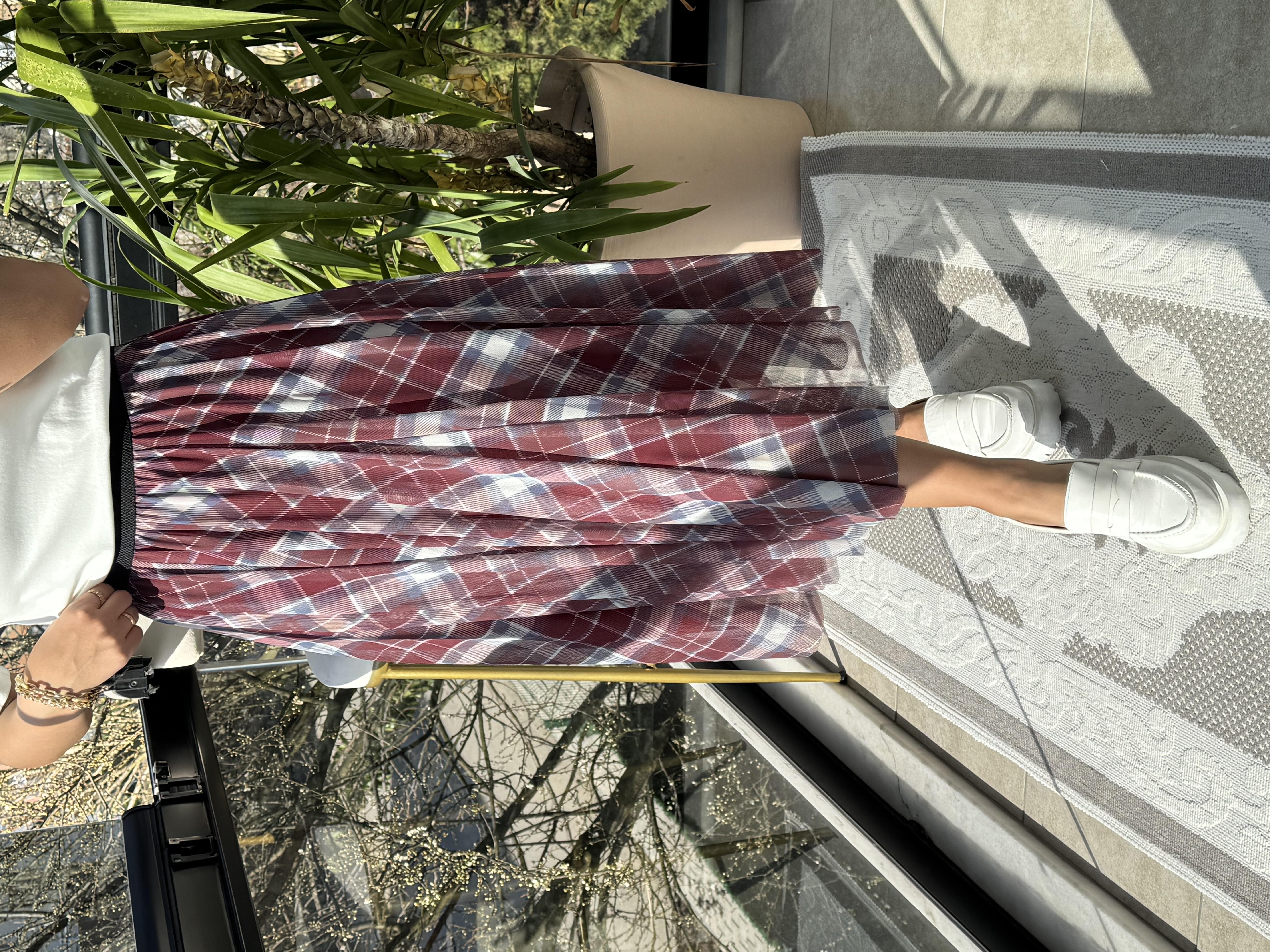 Ekose Tüllü Etek Bordo