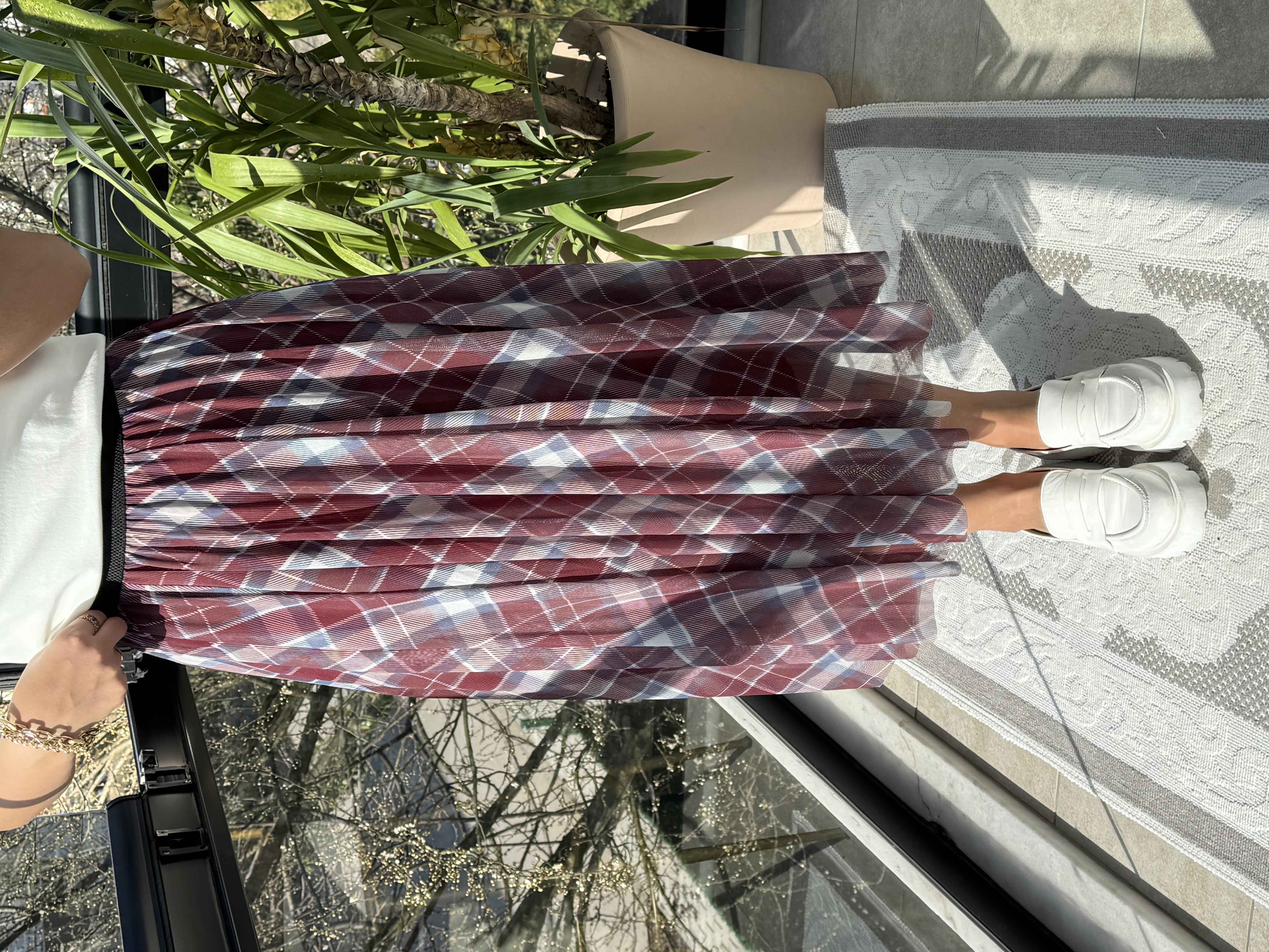 Ekose Tüllü Etek Bordo