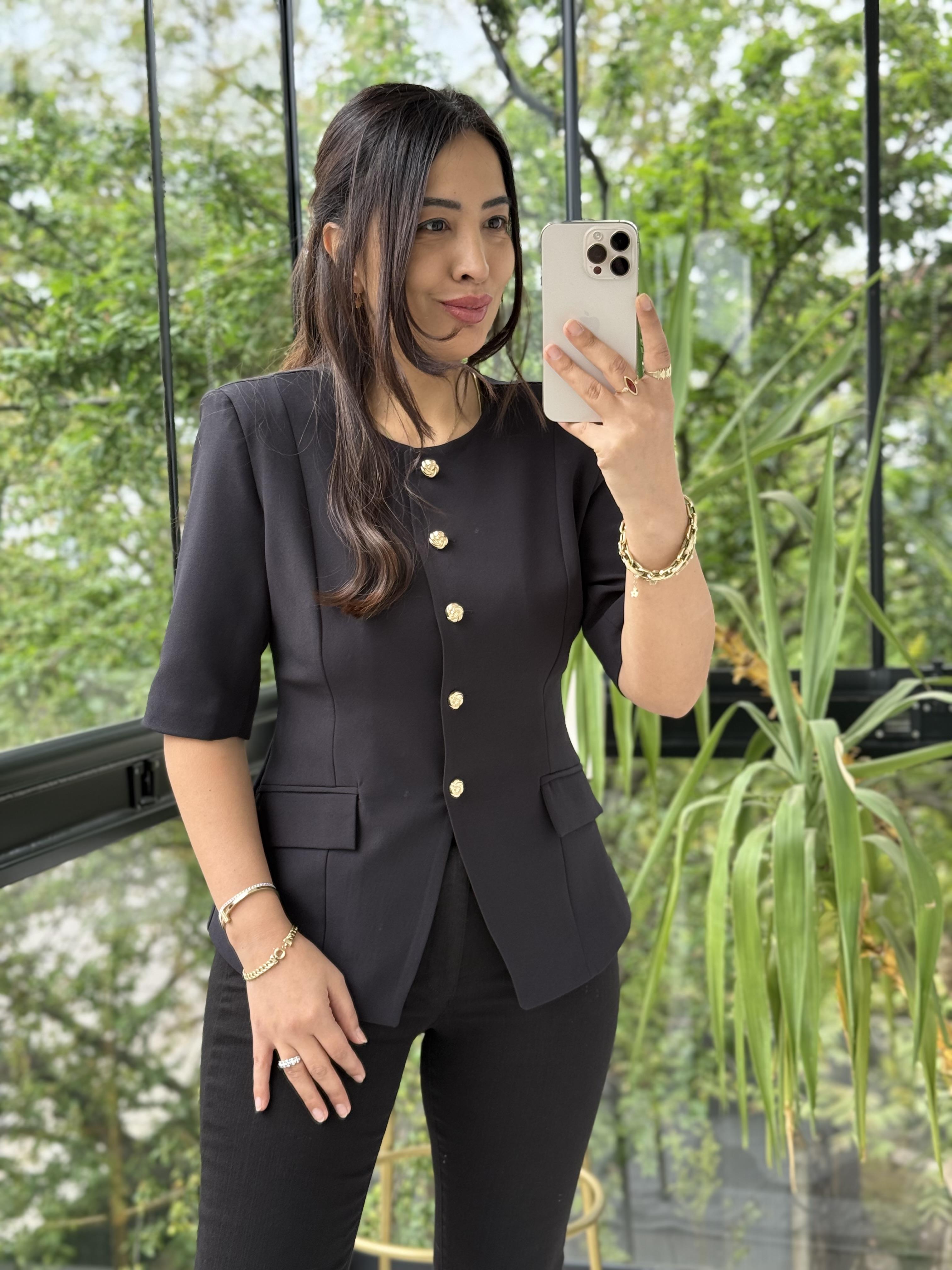 Slimfit Mini Gold Düğme Kısa Kol Blazer Siyah