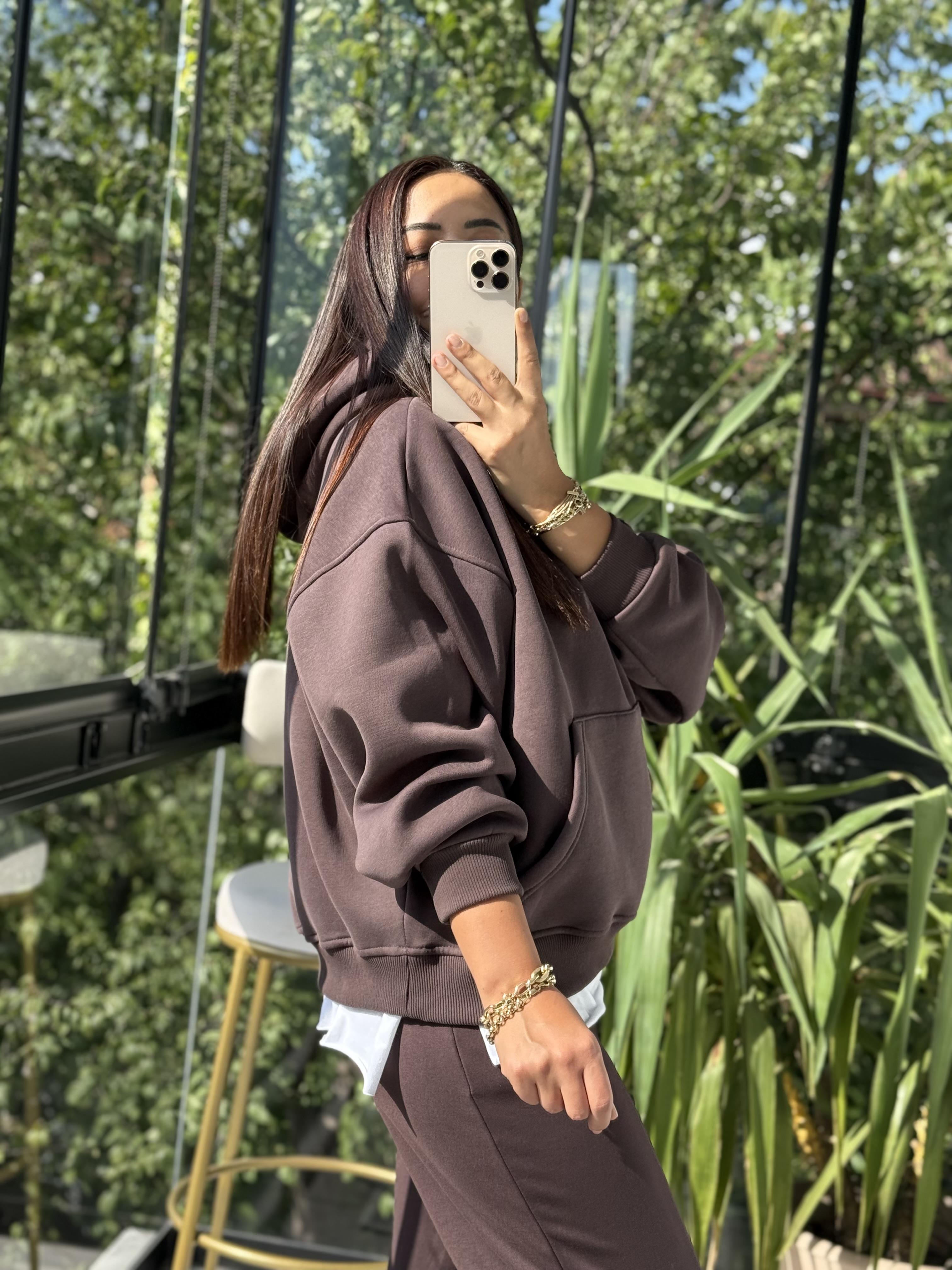 Kanguru Cep Kapşonlu Sweatshirt Kahve