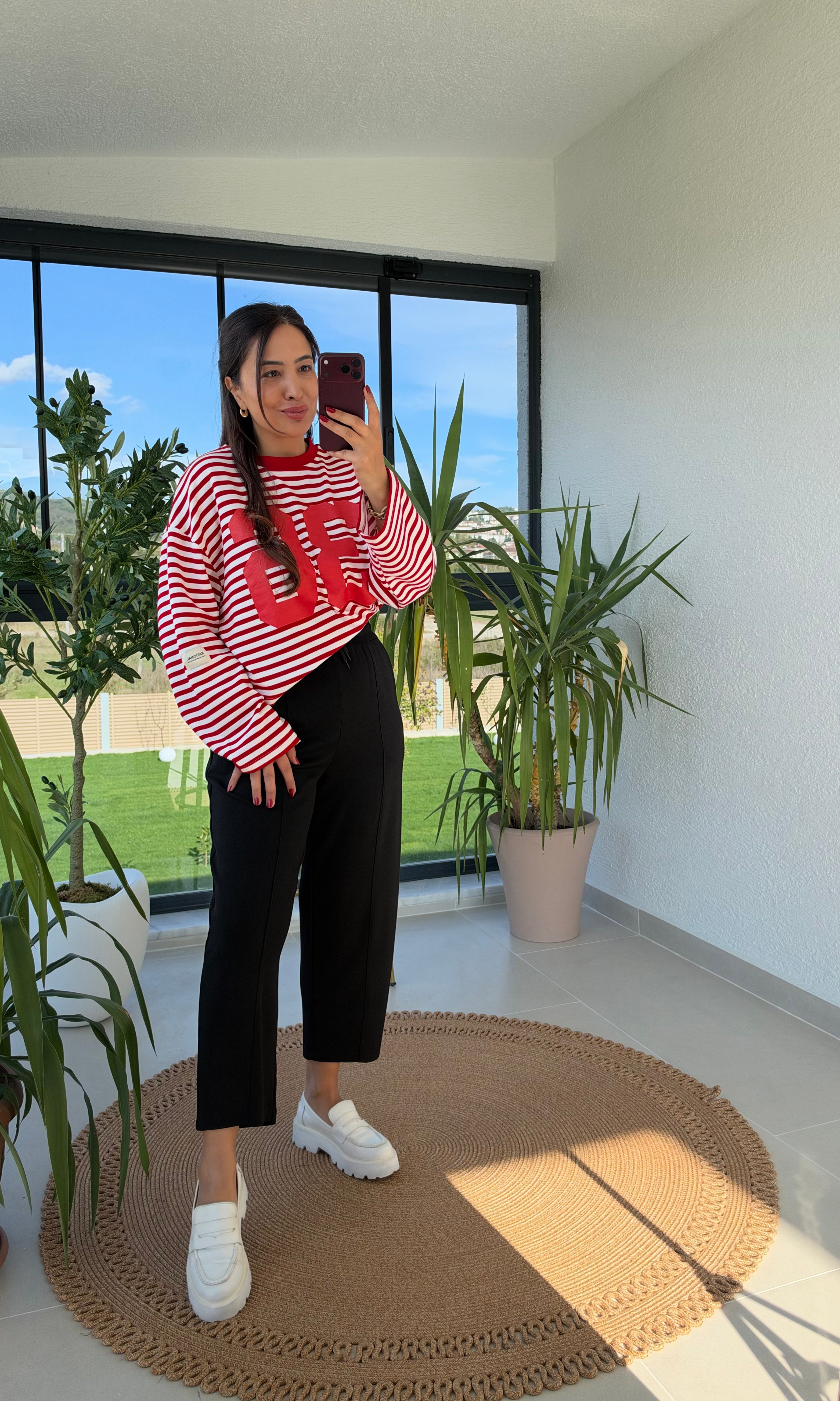 36 Baskılı Çizgili Basic Sweatshirt Kırmızı