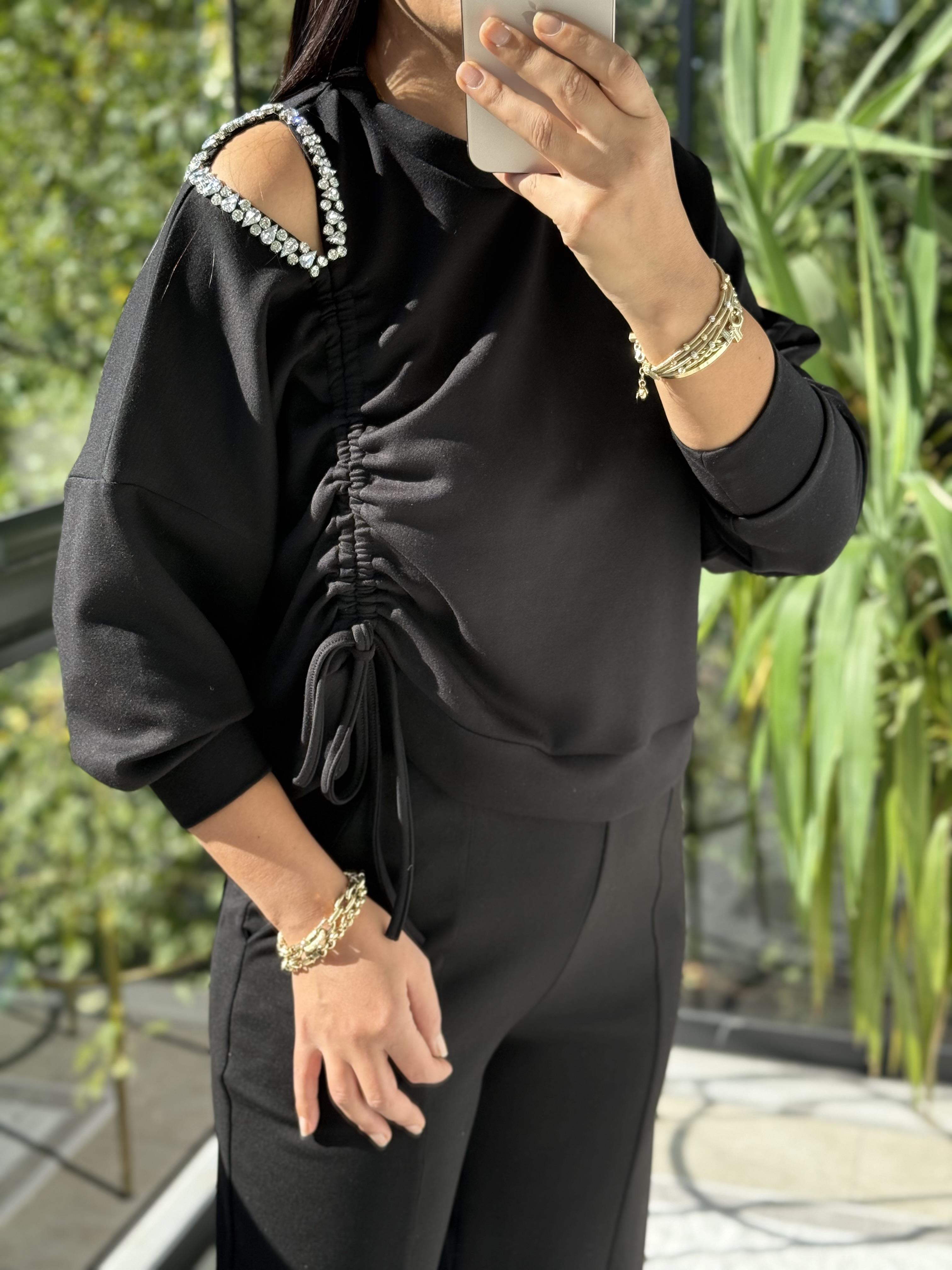 Taş Detay Kordonlu Modal Sweatshirt Siyah