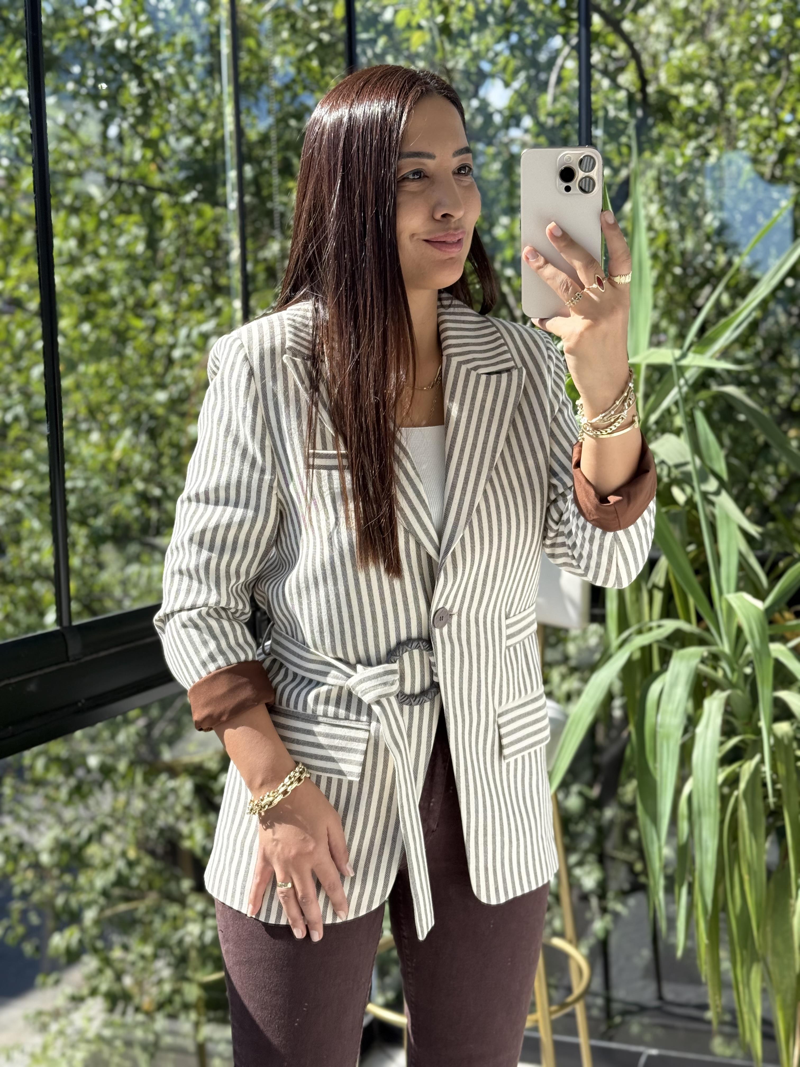 Çizgili Keten Ceket Kahve