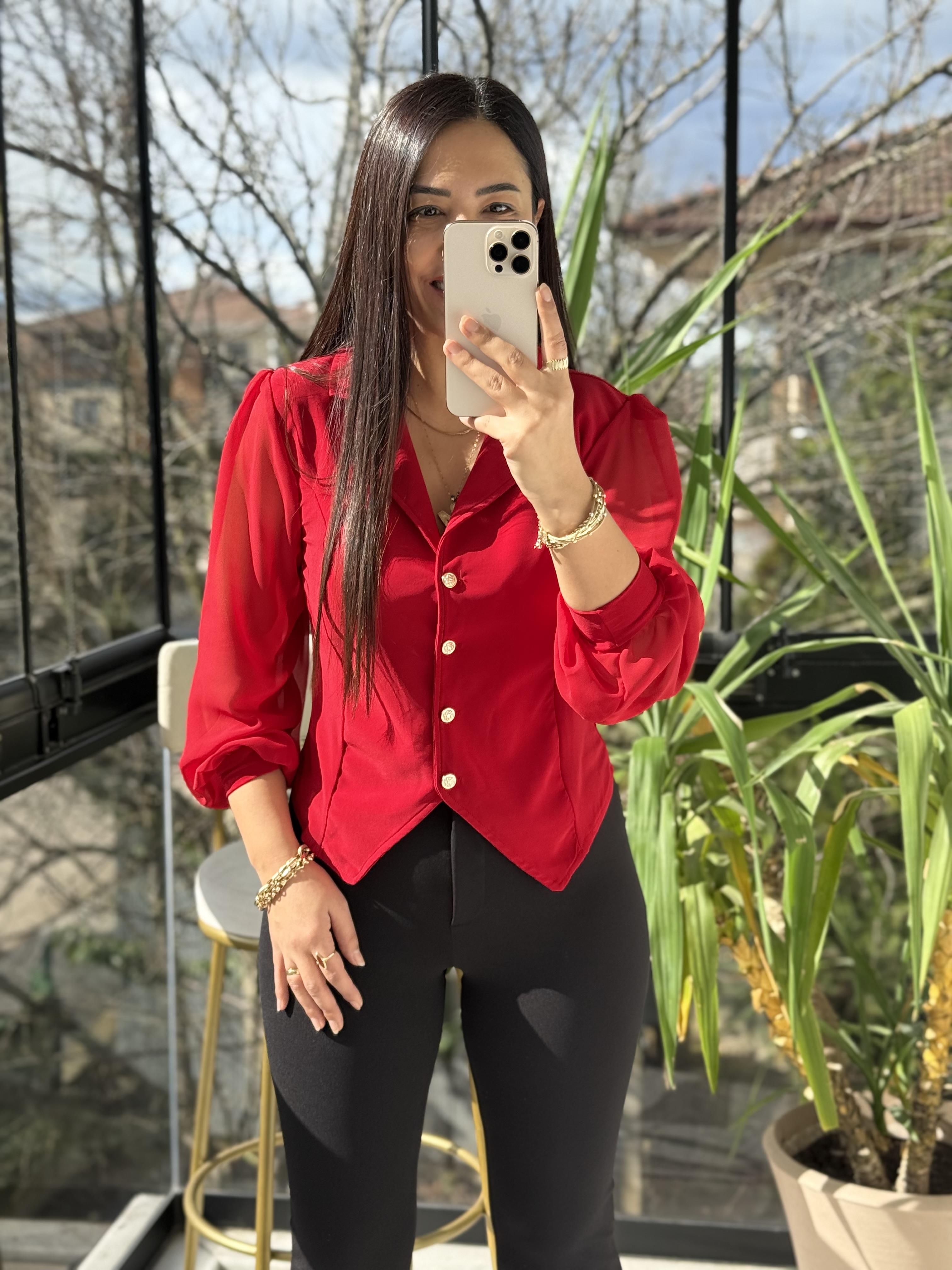 Kolları Tül Detaylı Bluz Kırmızı