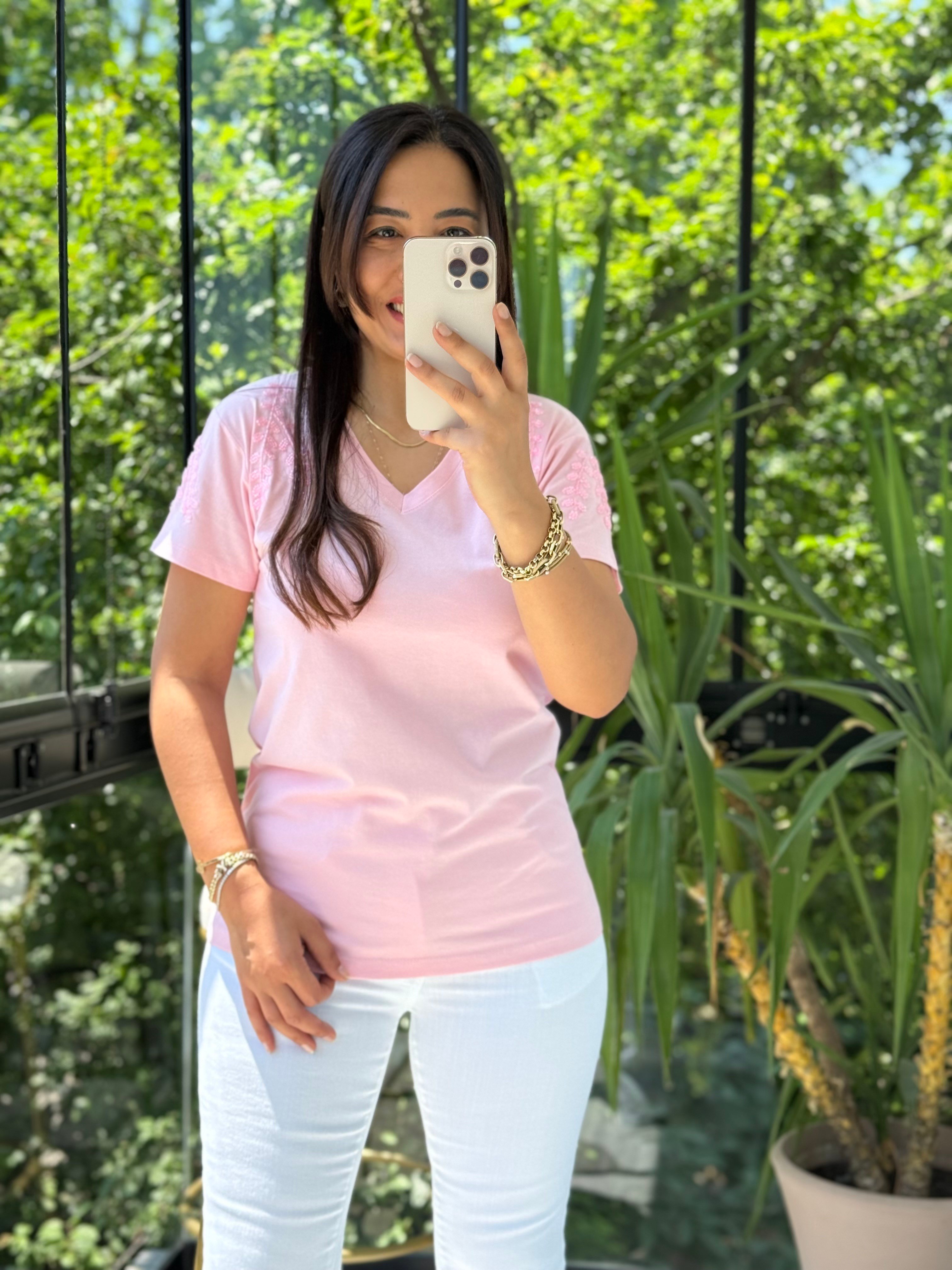 Flora Boncuk Detaylı Tişört Pembe