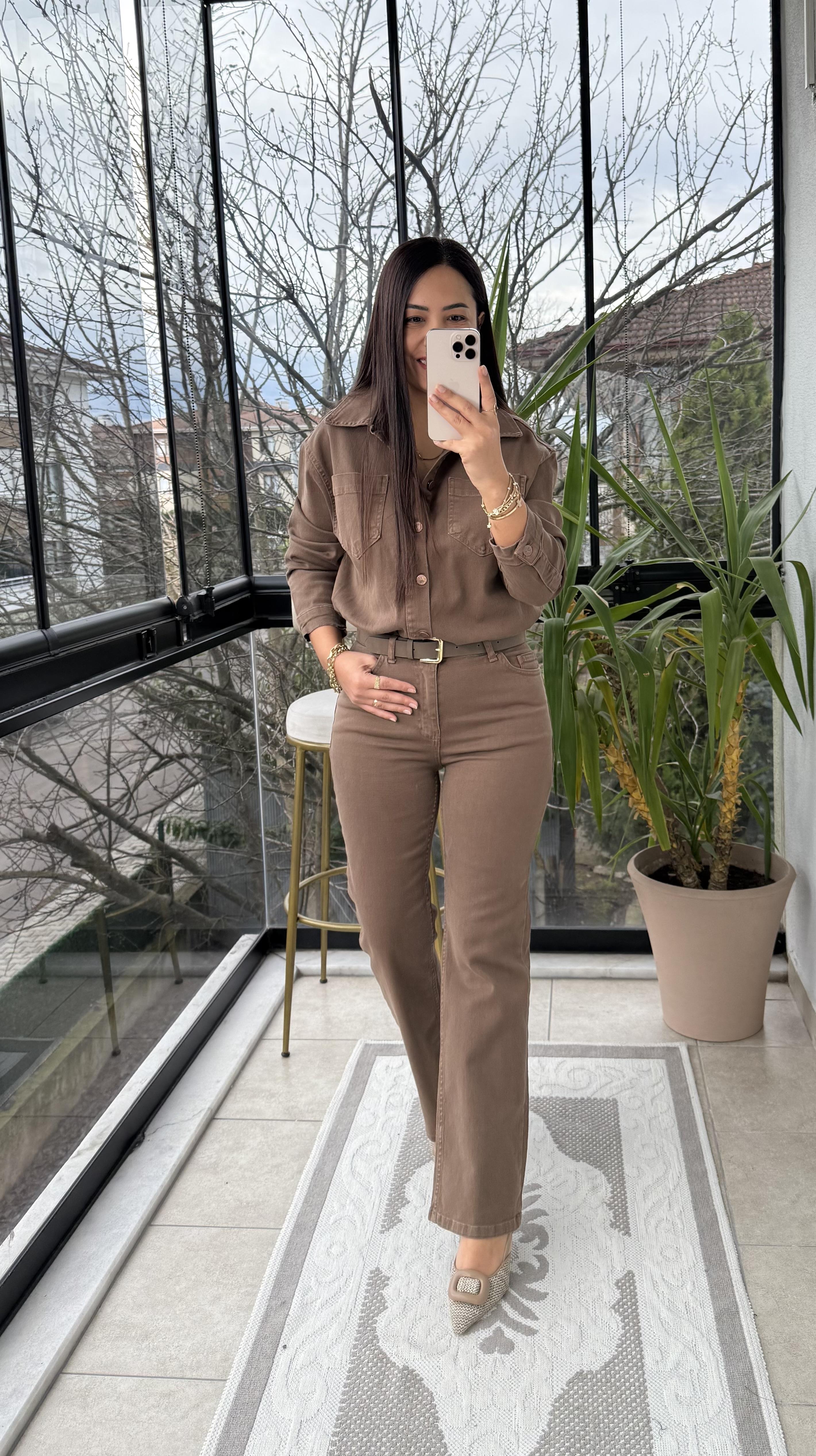 Beli Büzgülü Klasik Kot Tulum Vizon