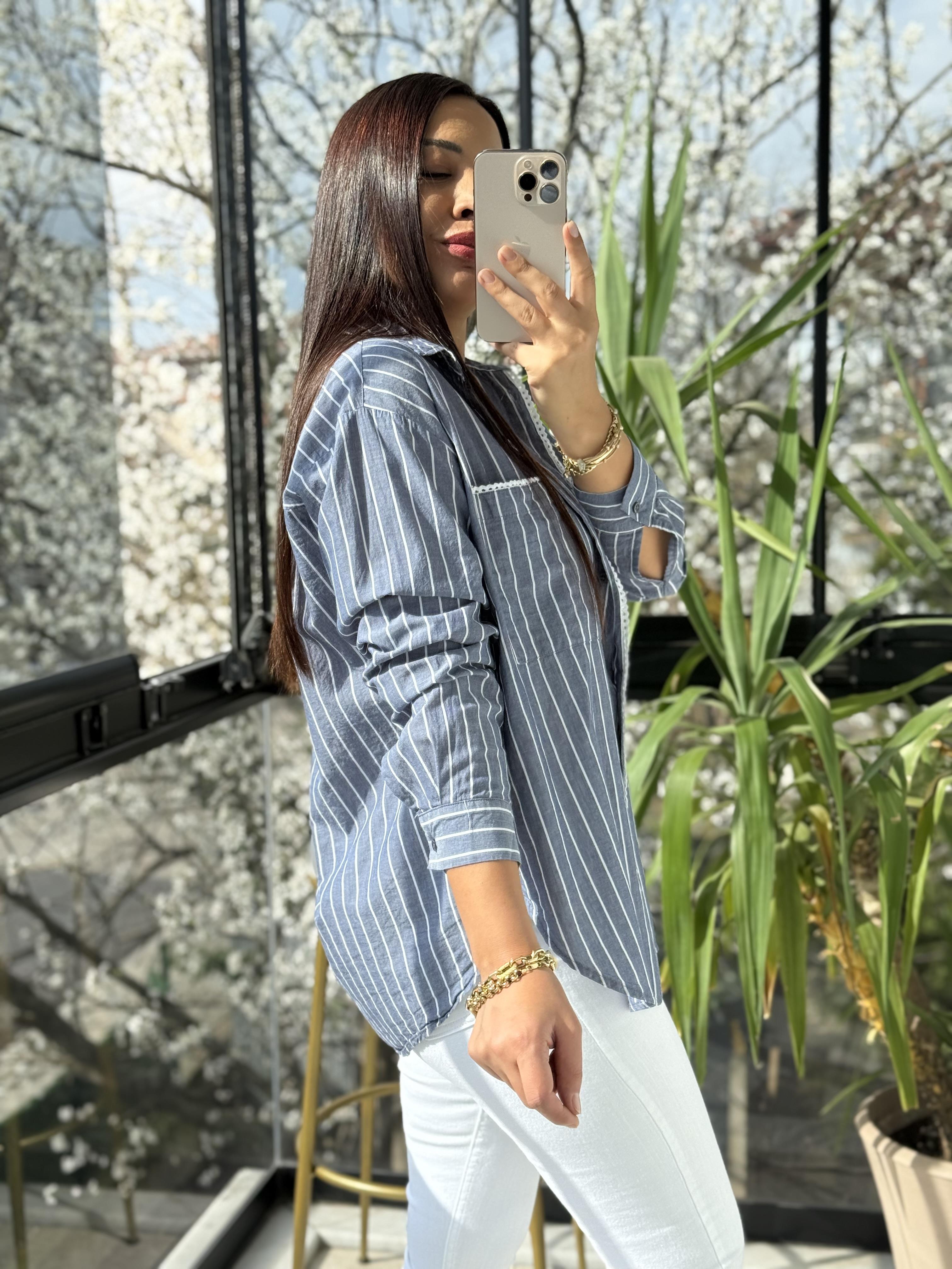 Motif Çizgili Cepli Gömlek Lacivert