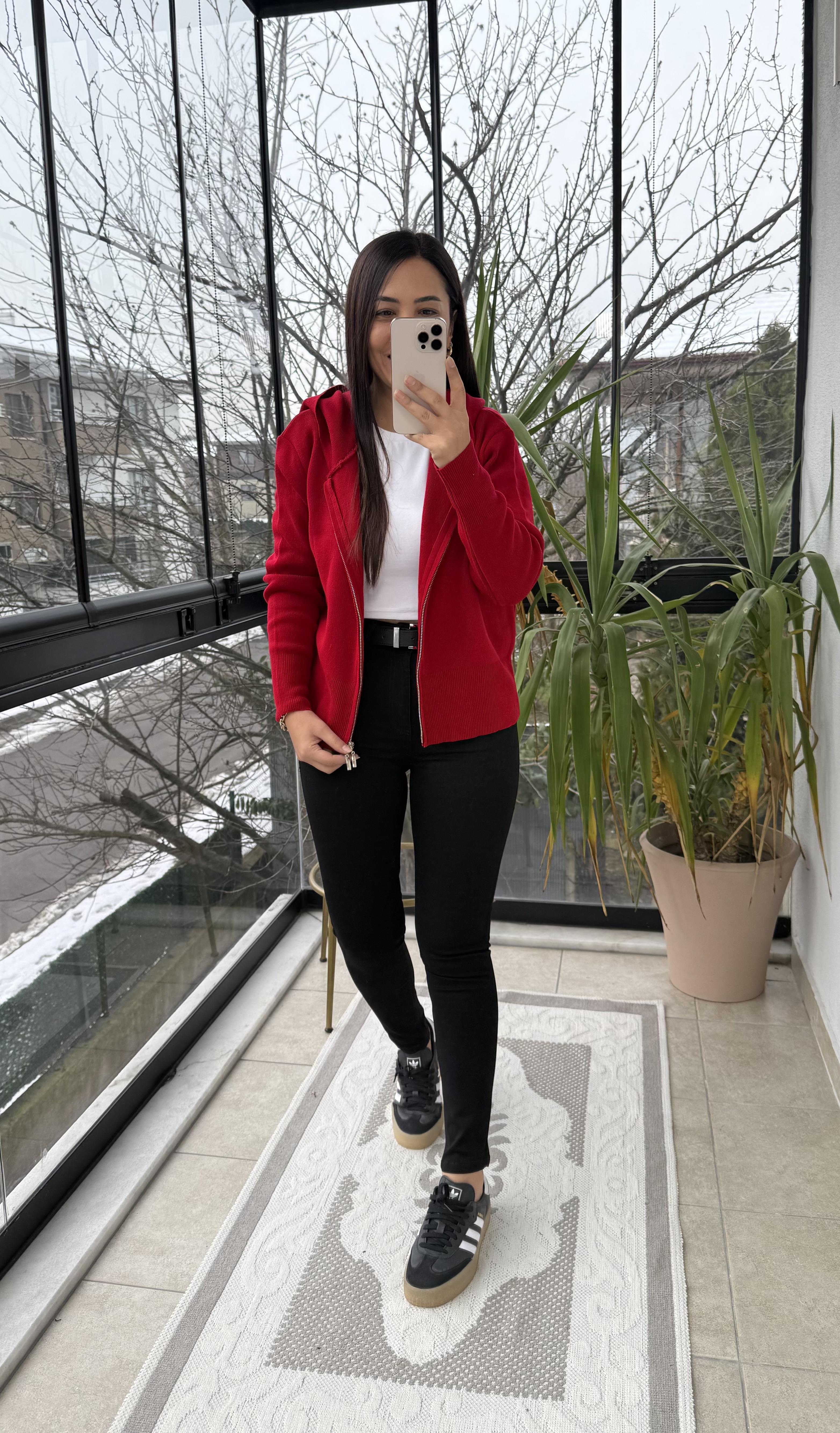 Çift Fermuarlı Kapüşonlu Yumoş Basic Hırka Kırmızı