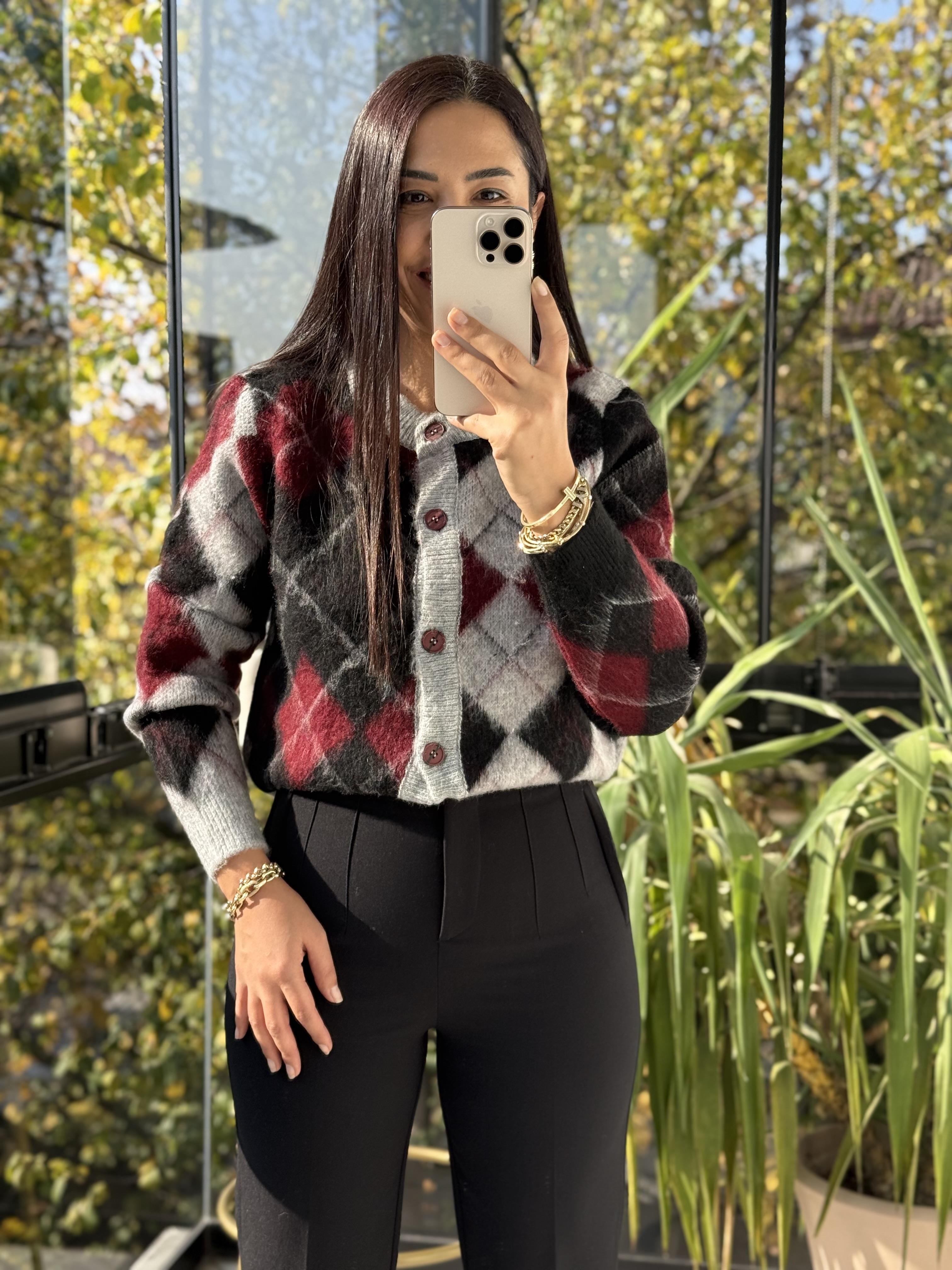 Kısa Baklava Desenli Hırka Bordo