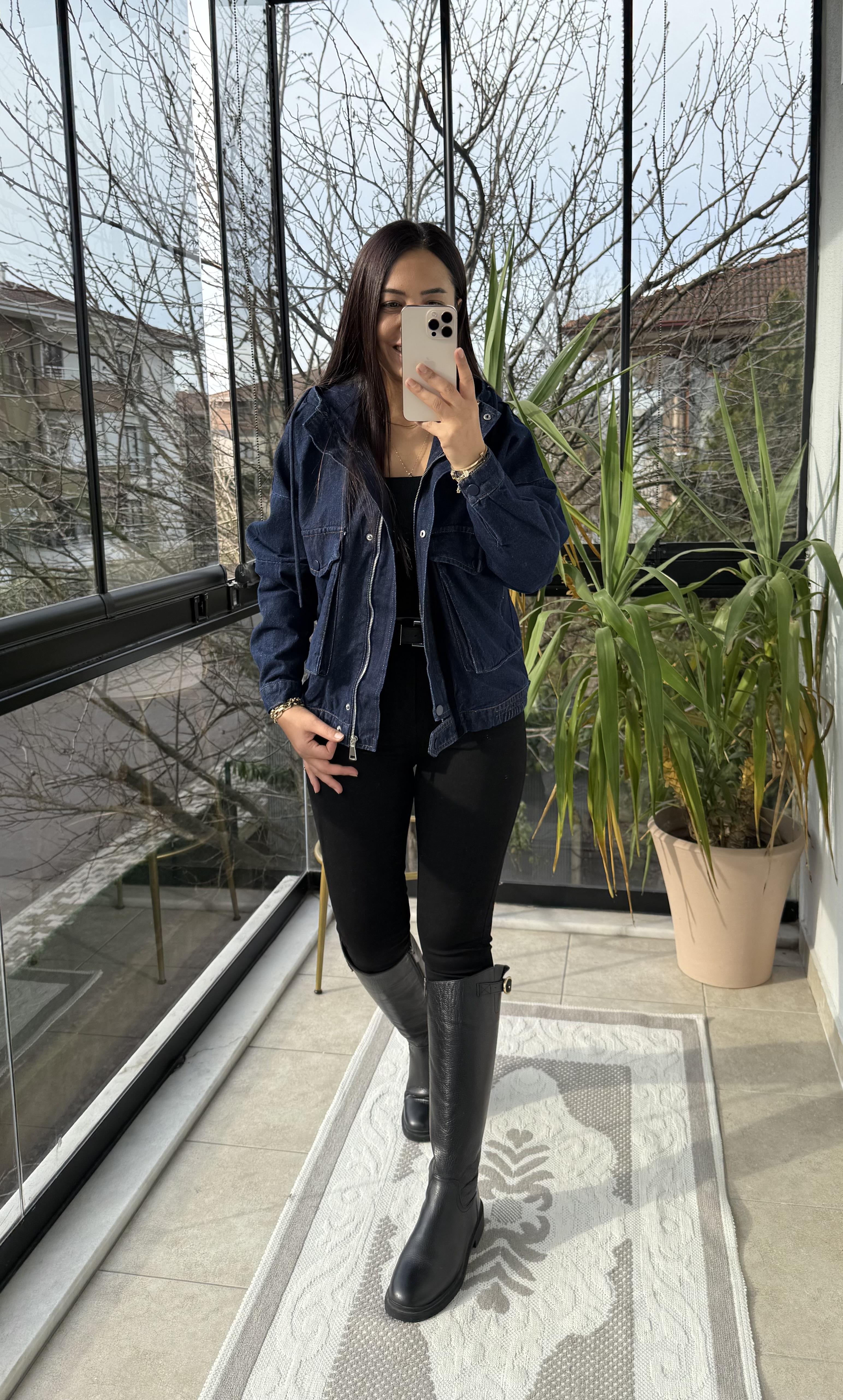 Kapüşonlu Kot Ceket Lacivert