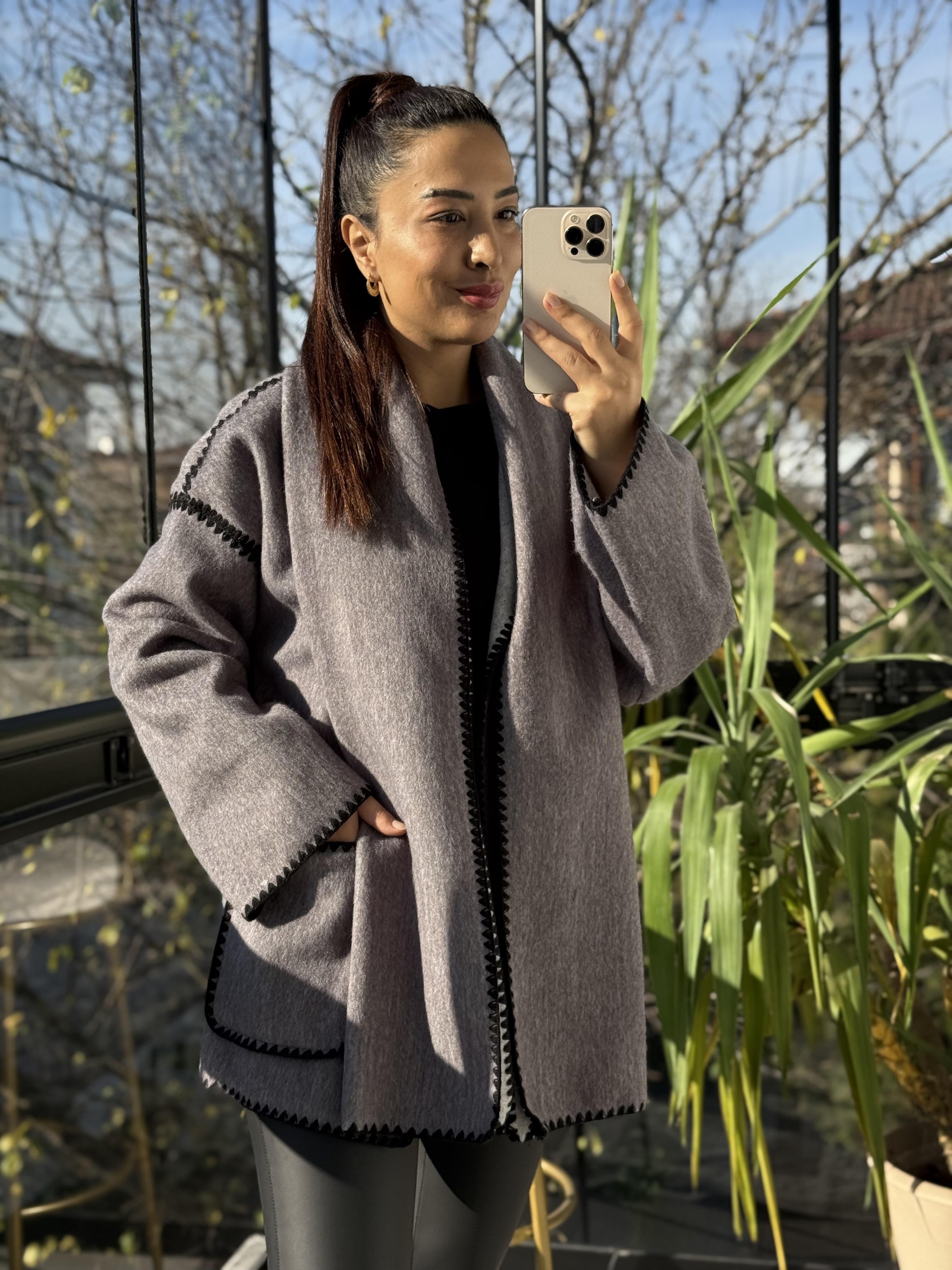 Şal Yaka Kaşe Kimono Ceket Gri