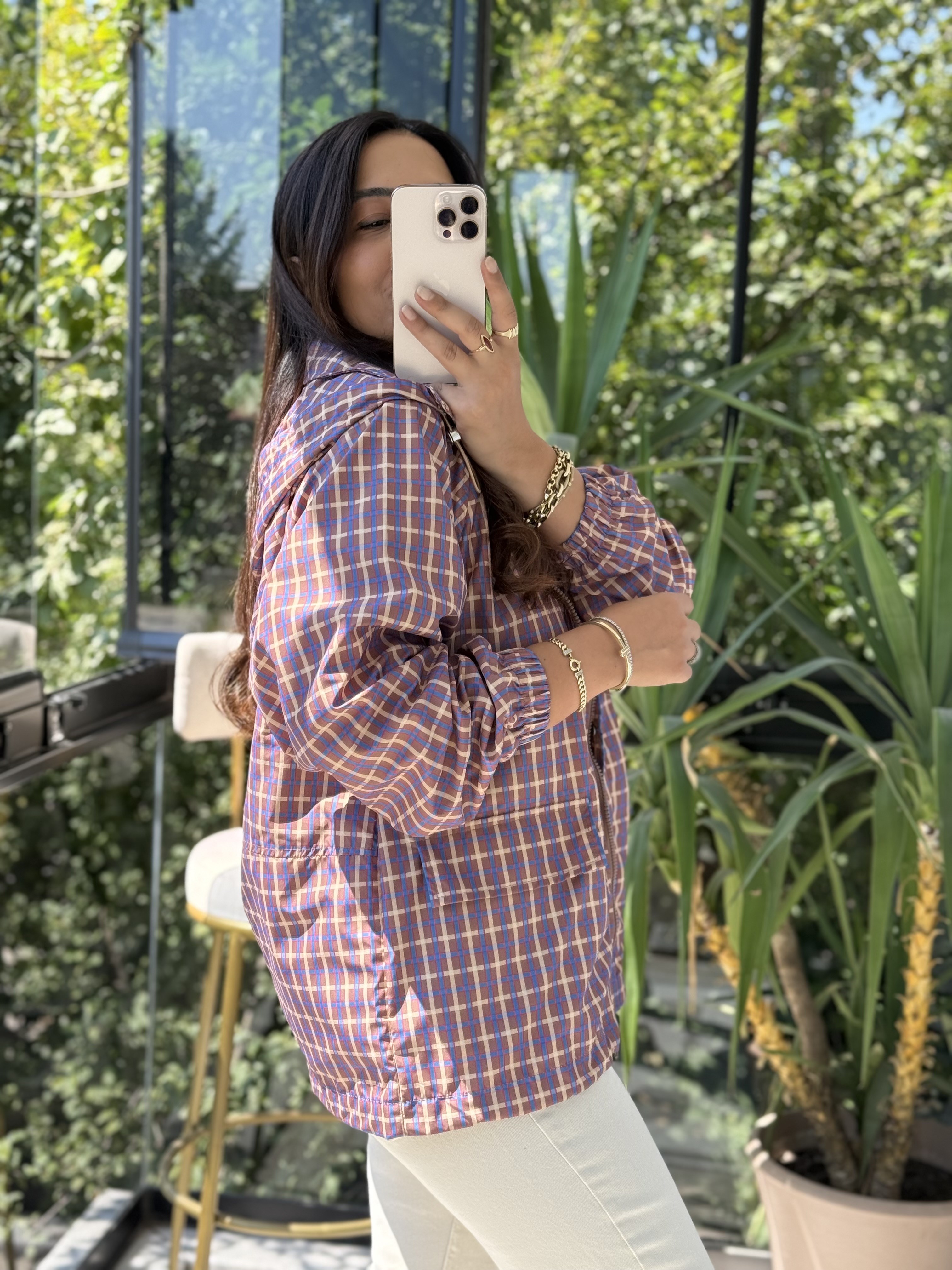 Ekoseli Oversize Yağmurluk Kahve
