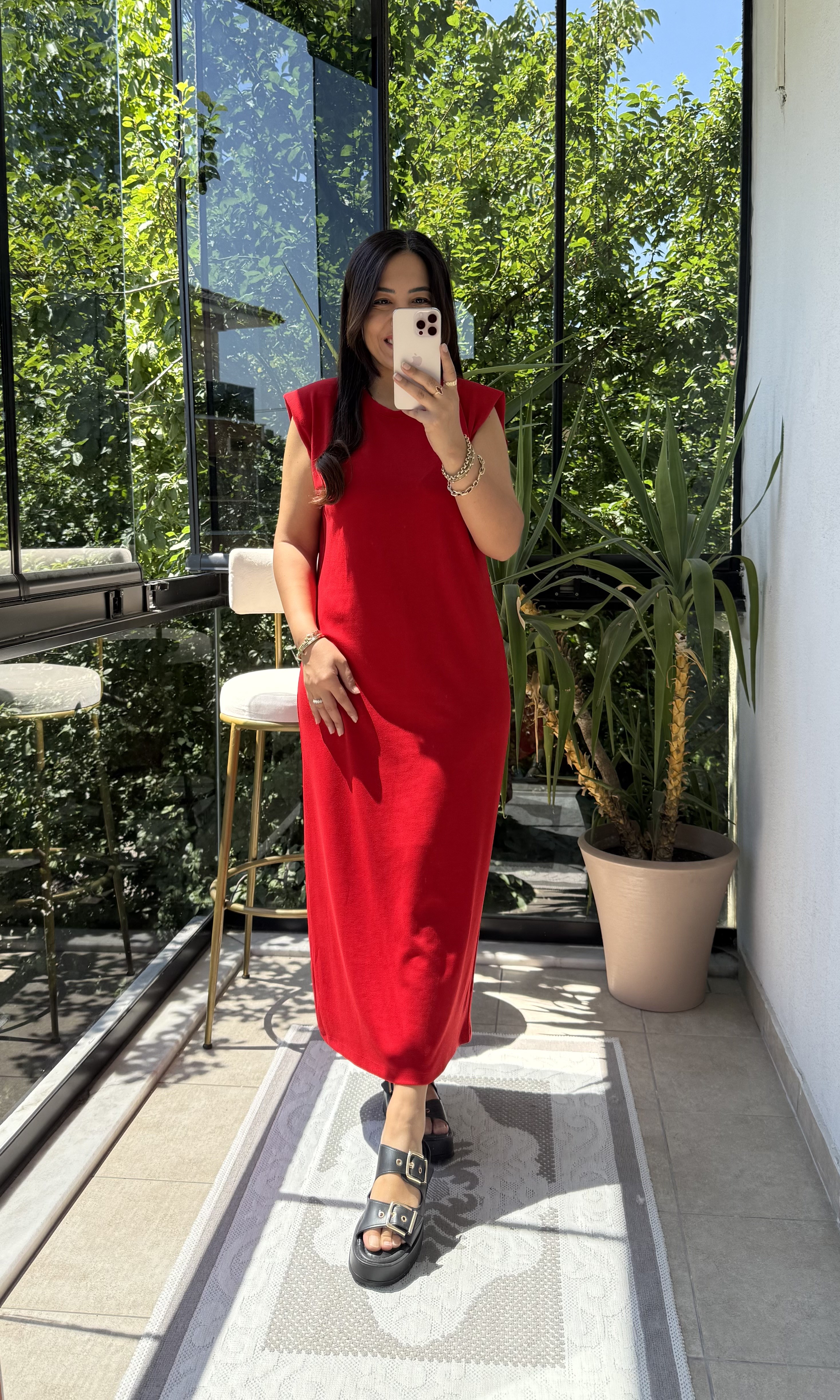 Vatkalı Modal Elbise Kırmızı