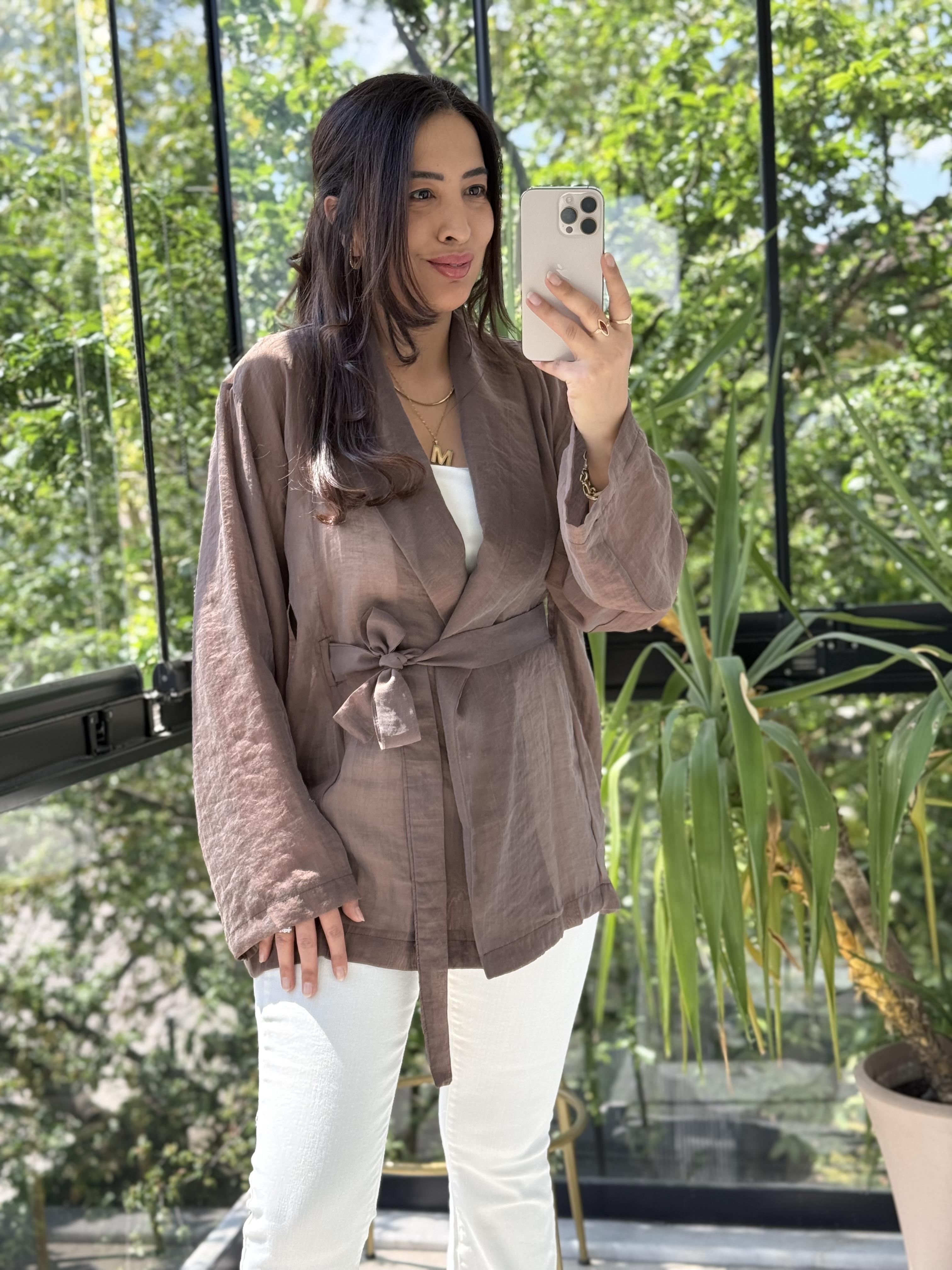Kruvaze Yaka Bağlamalı Kimono Kahve