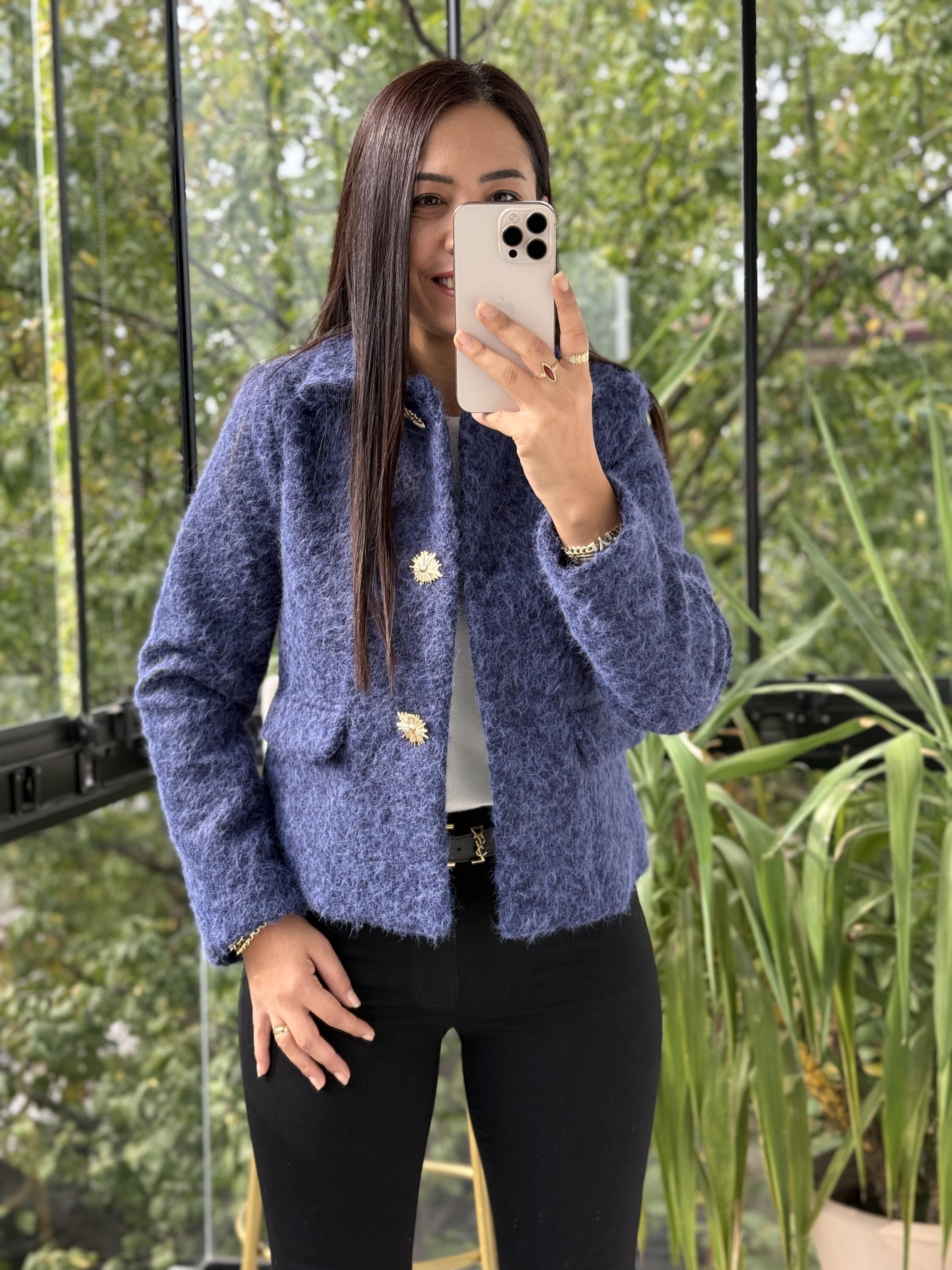 Kısa Gold Düğme Yün Ceket Lacivert