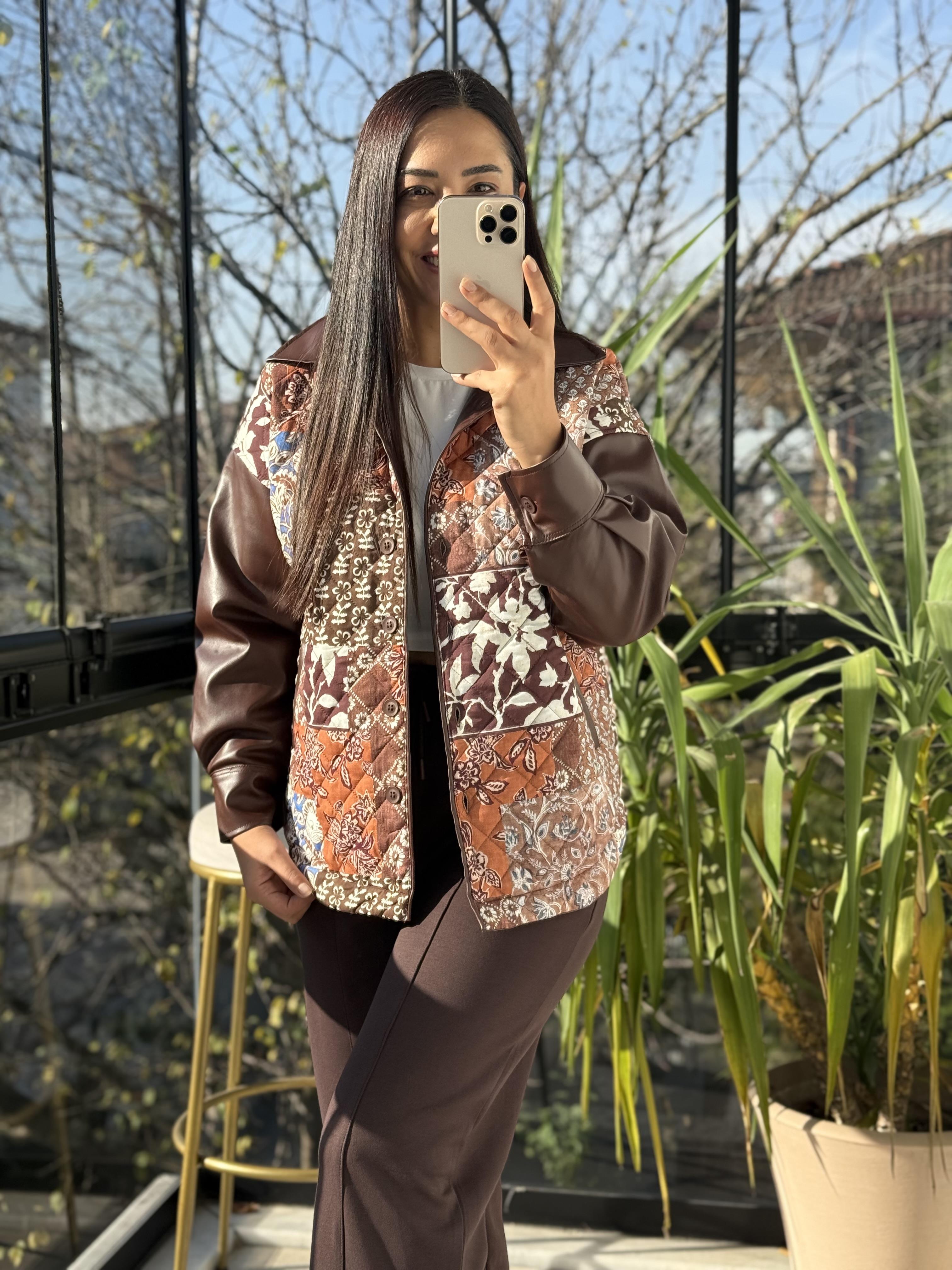 Deri Garnili Kapitone Ceket Kahve