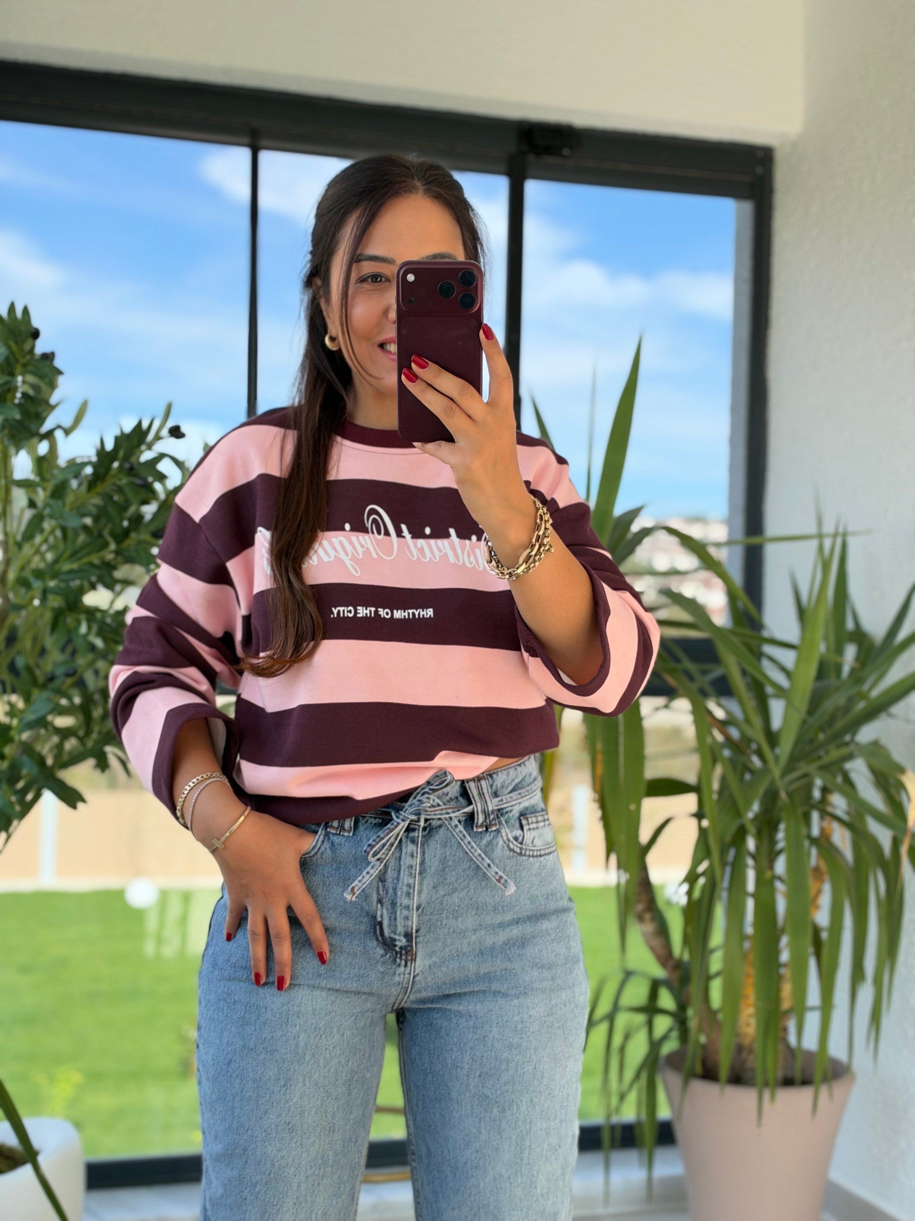 District Yazılı Çizgili Sweatshirtt Pembe