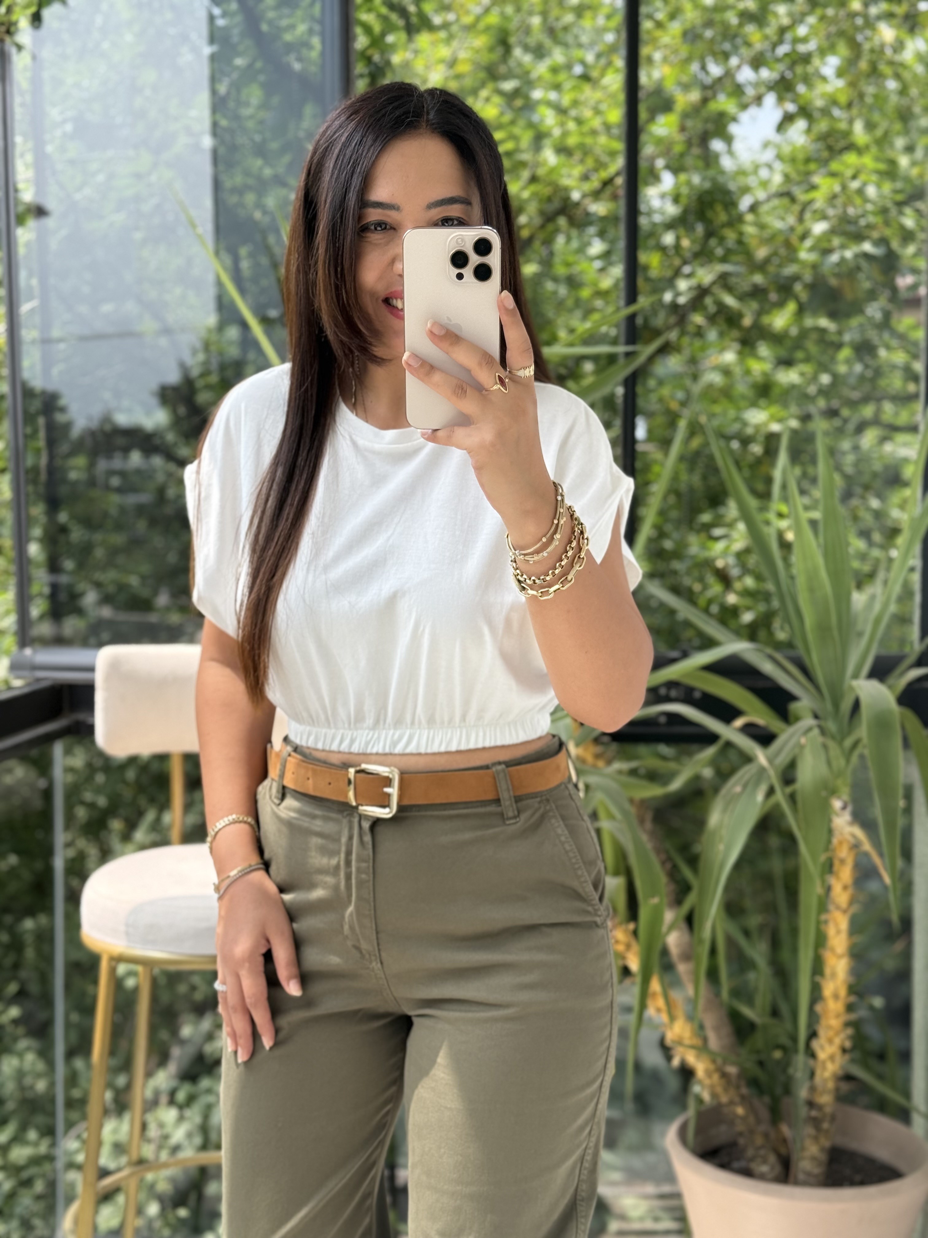 Beli Lastikli Crop Tişört Ekru