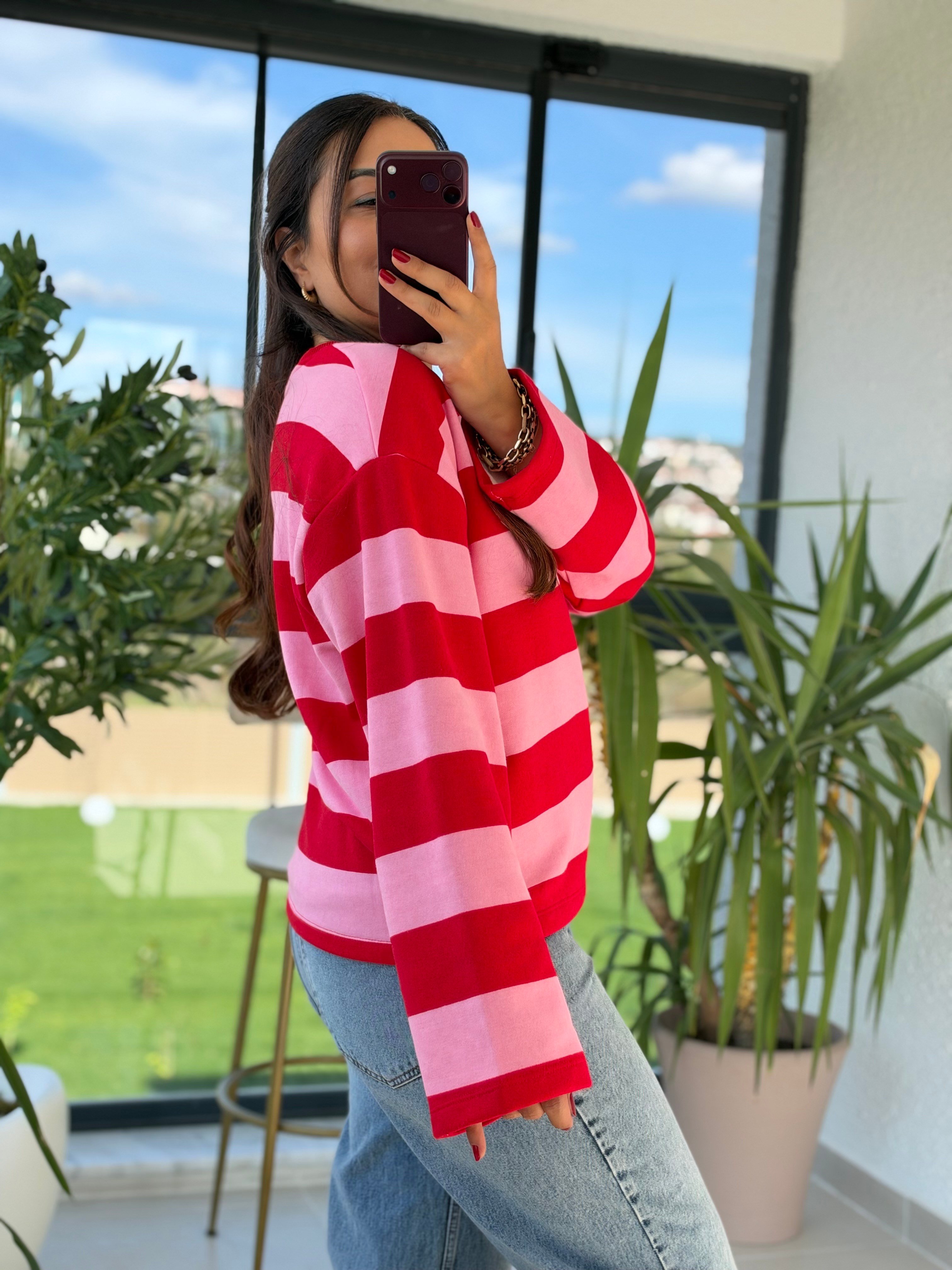 Kalın Çizgili New York Ctiy Sweatshirt Kırmızı