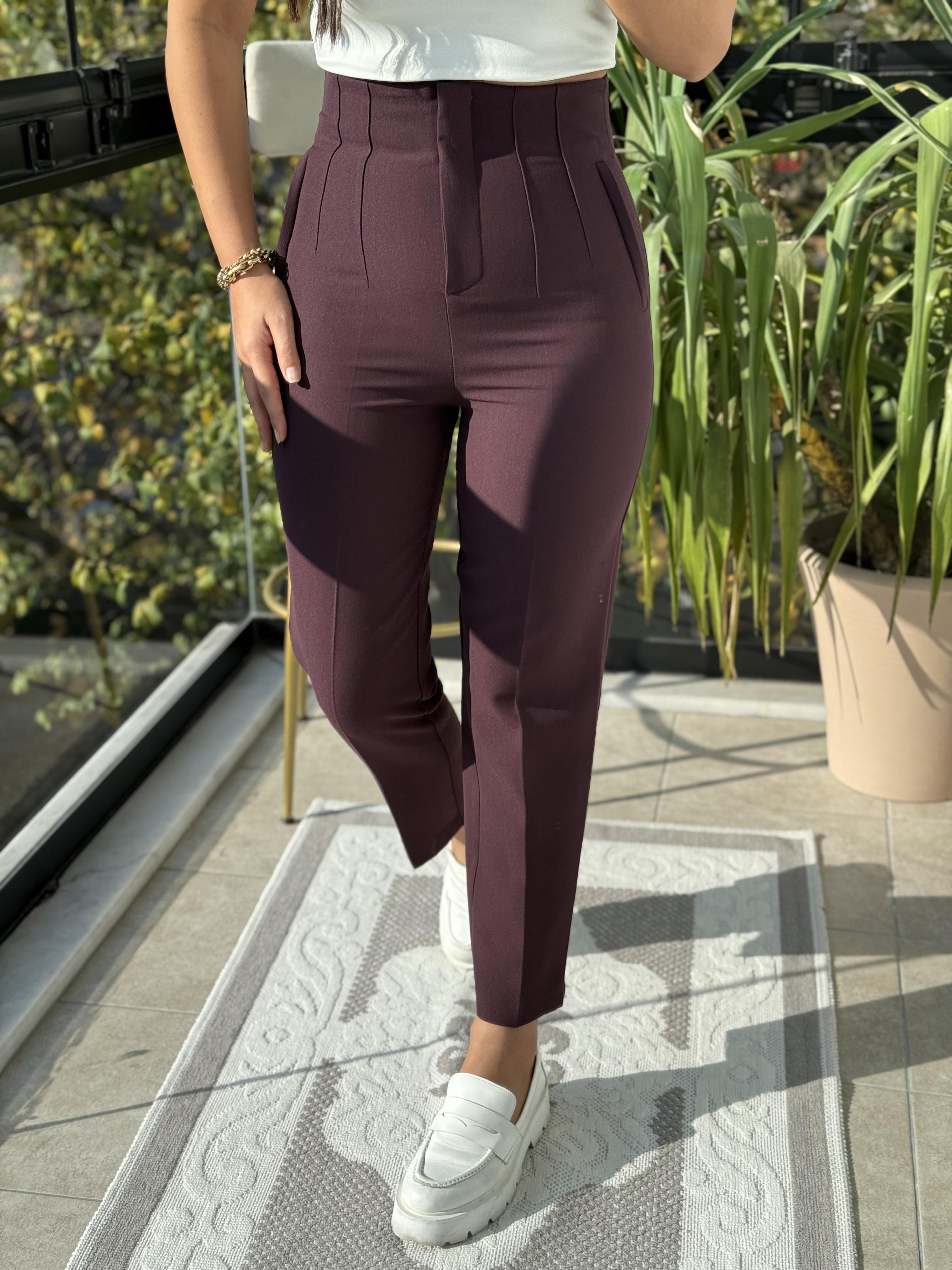 Düğmesiz Zra Model Kumaş Pantolon Mürdüm