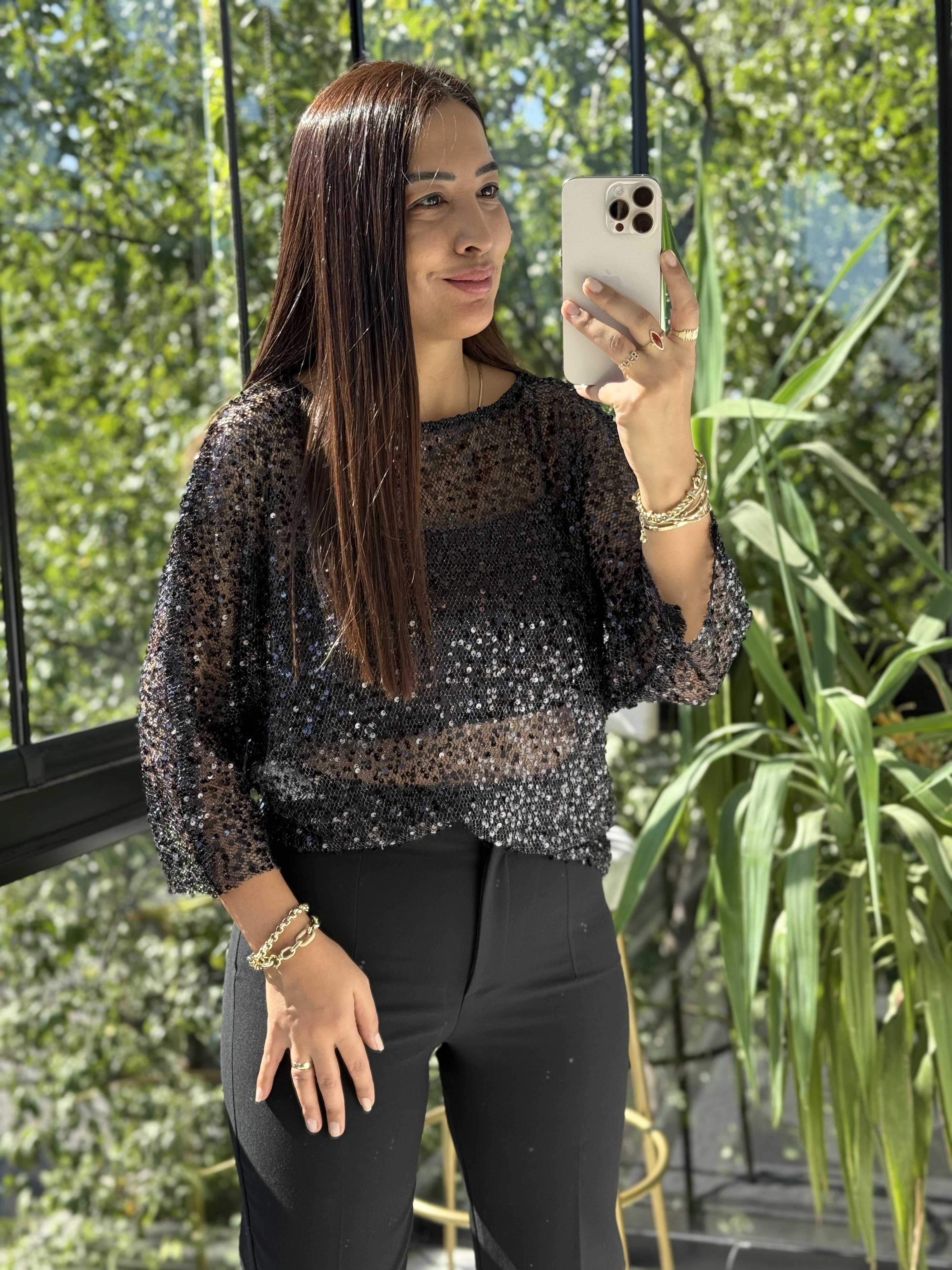 Payetli Transparan Bluz Siyah