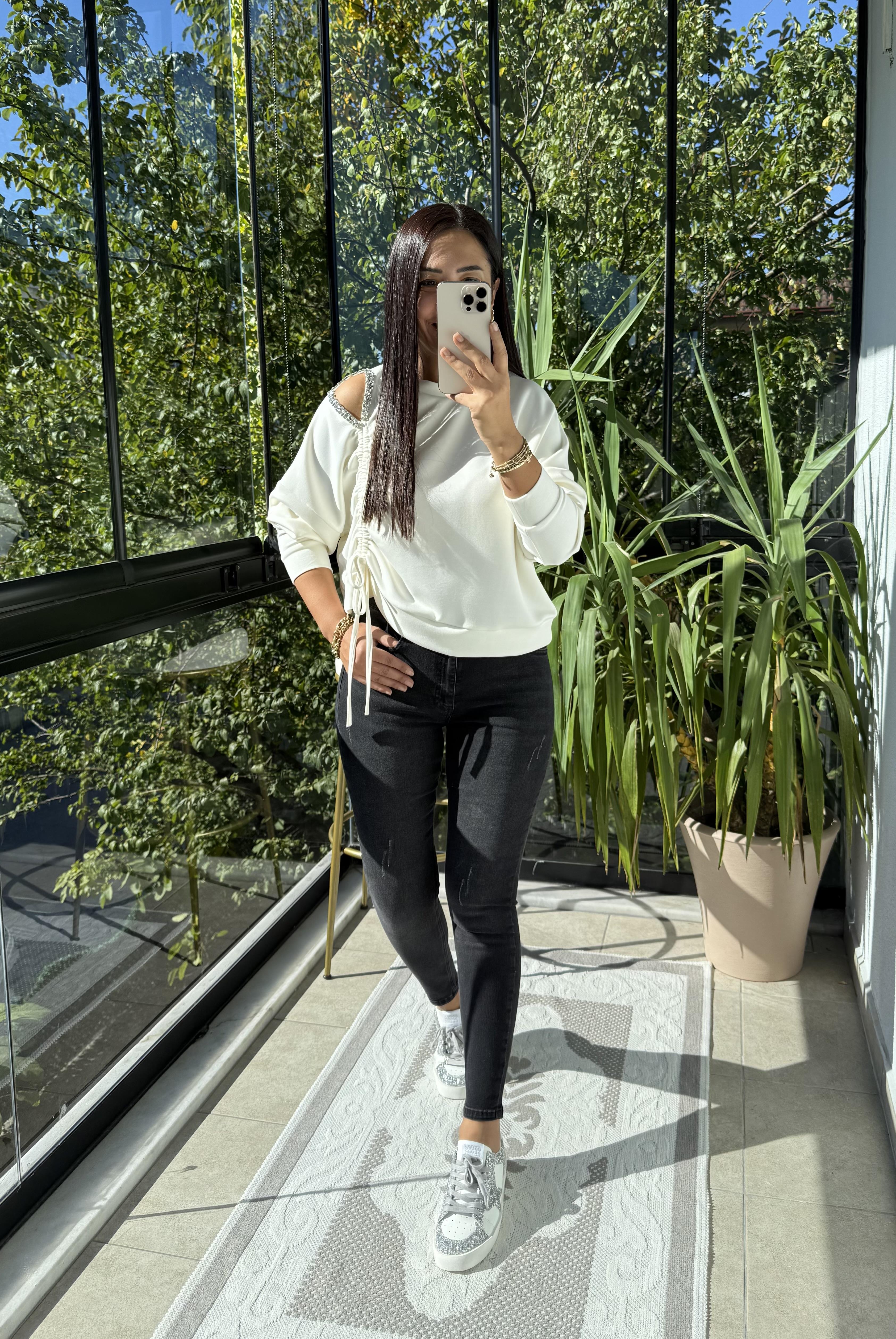 Taş Detay Kordonlu Modal Sweatshirt Ekru