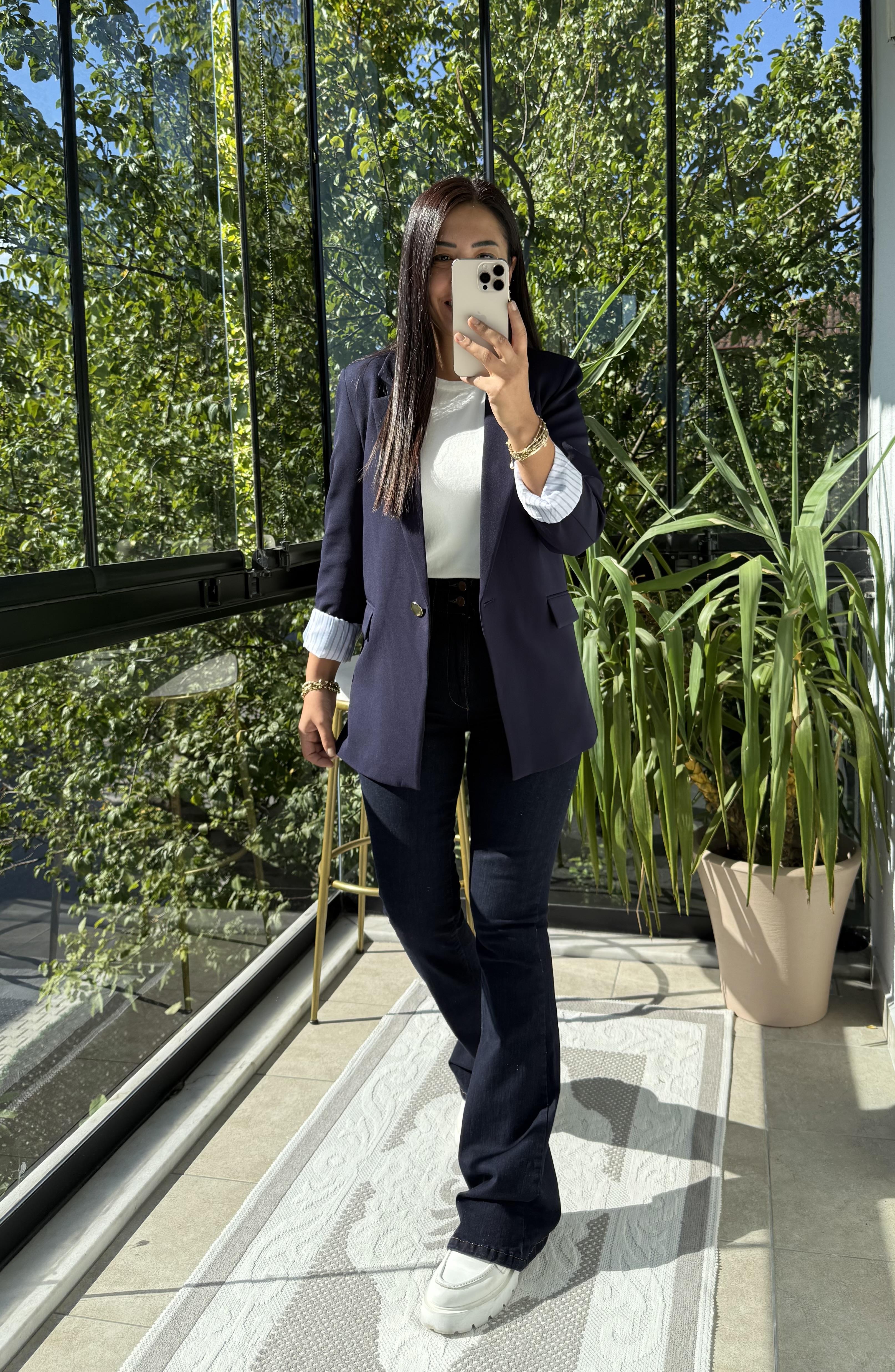 Kol Astarı Garnili Tek Düğme Blazer Ceket Lacivert