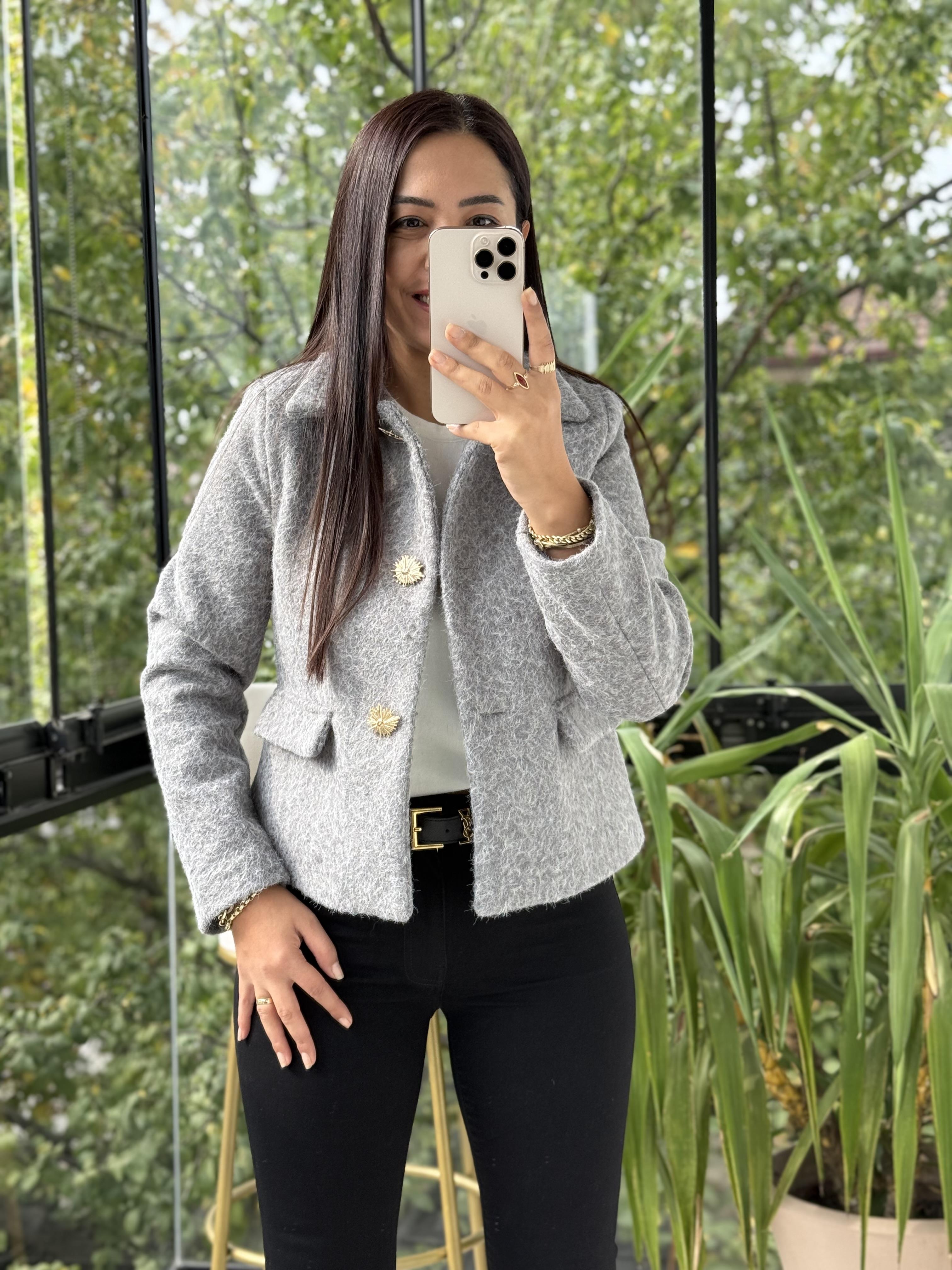 Kısa Gold Düğme Yün Ceket Gri