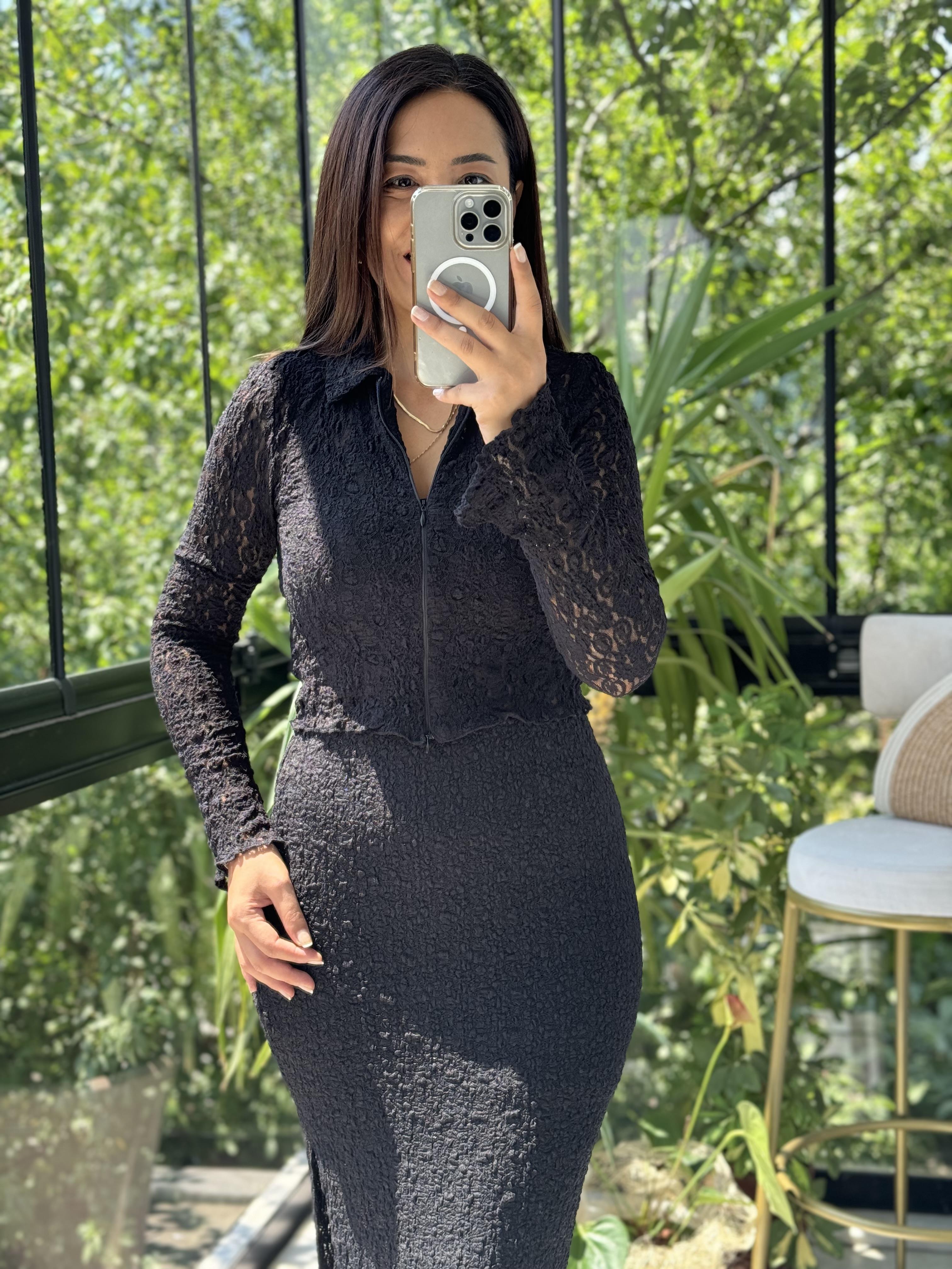 Fermuarlı Dantelli Gömlek Siyah