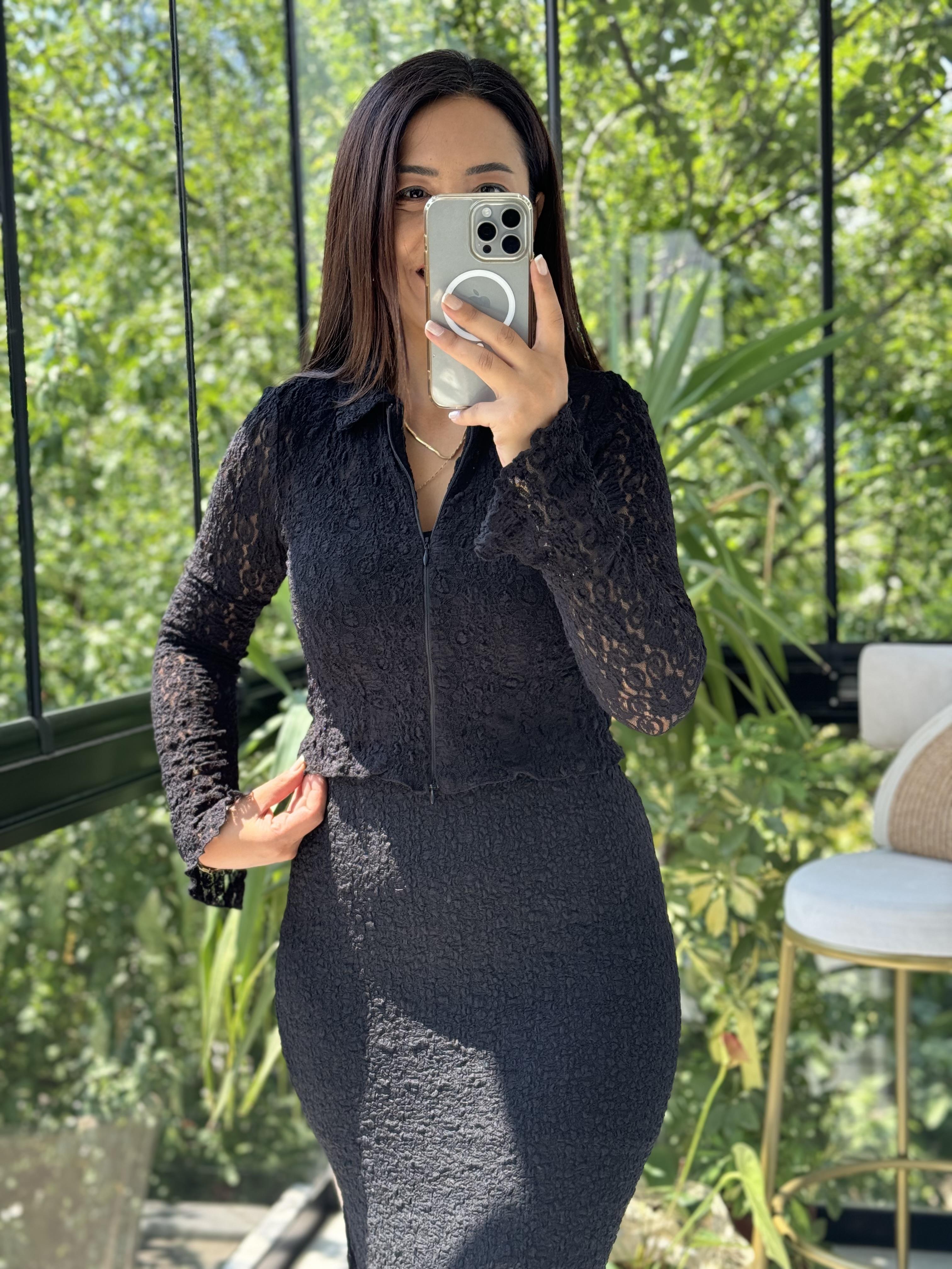 Fermuarlı Dantelli Gömlek Siyah