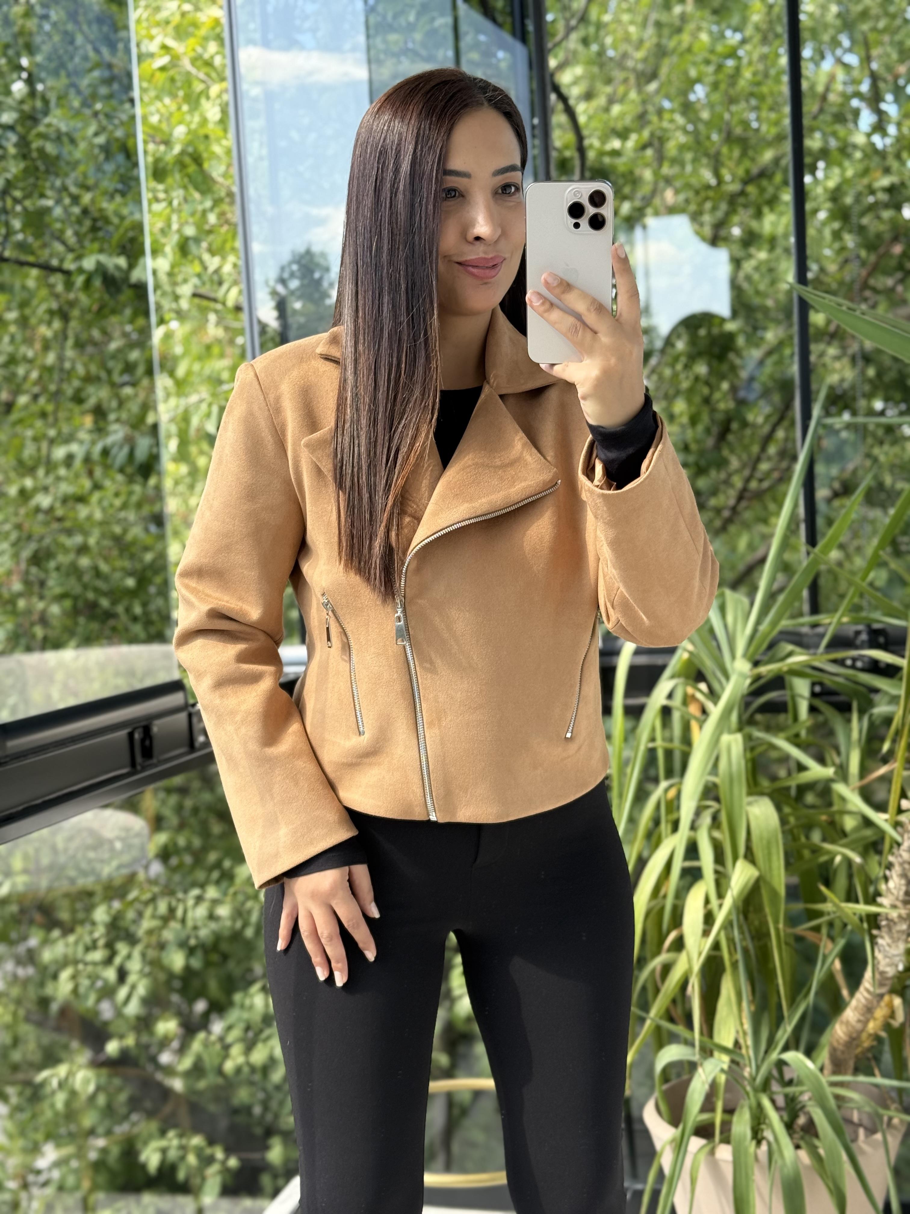 Fermuarlı Süet Mont Ceket Taba