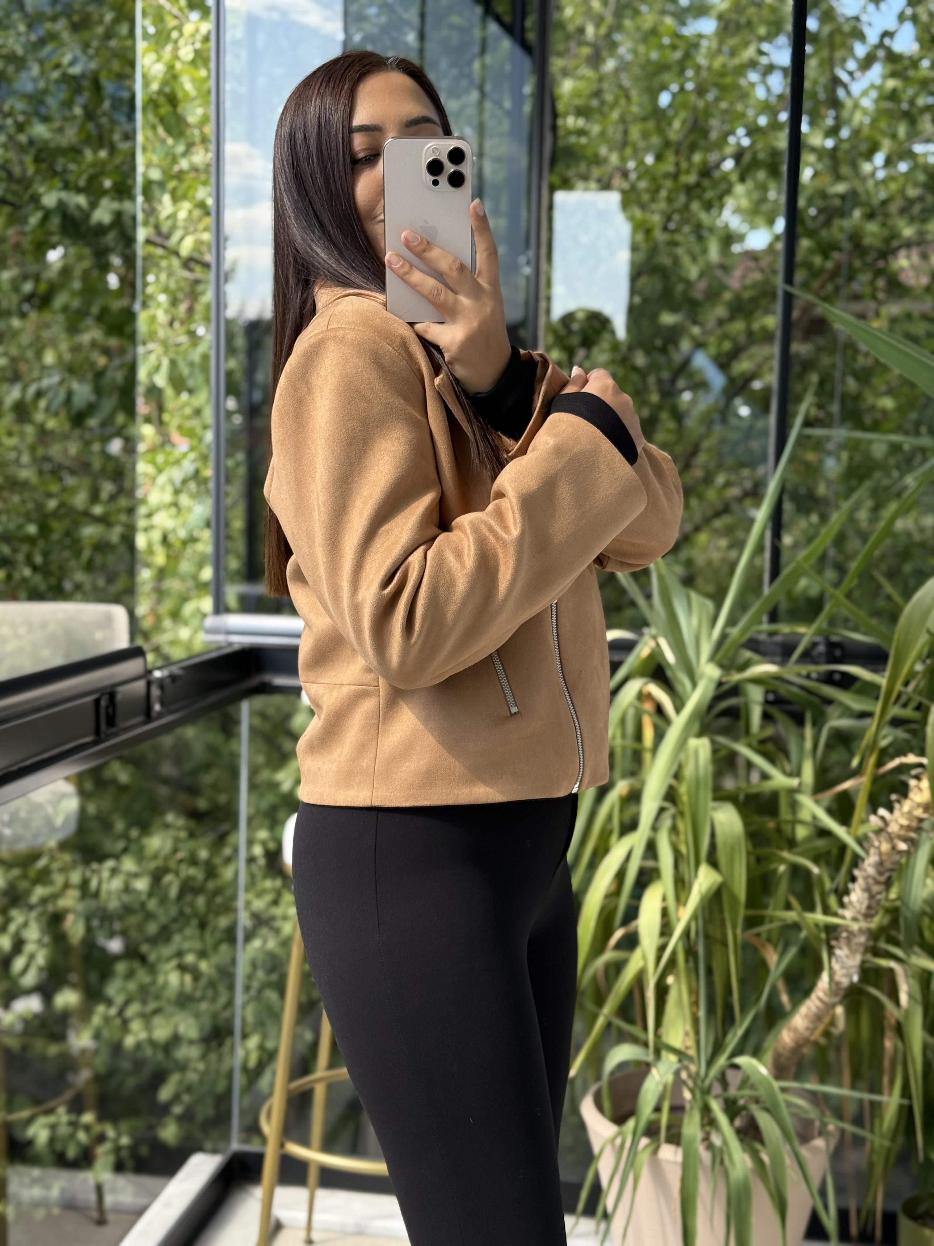 Fermuarlı Süet Mont Ceket Taba