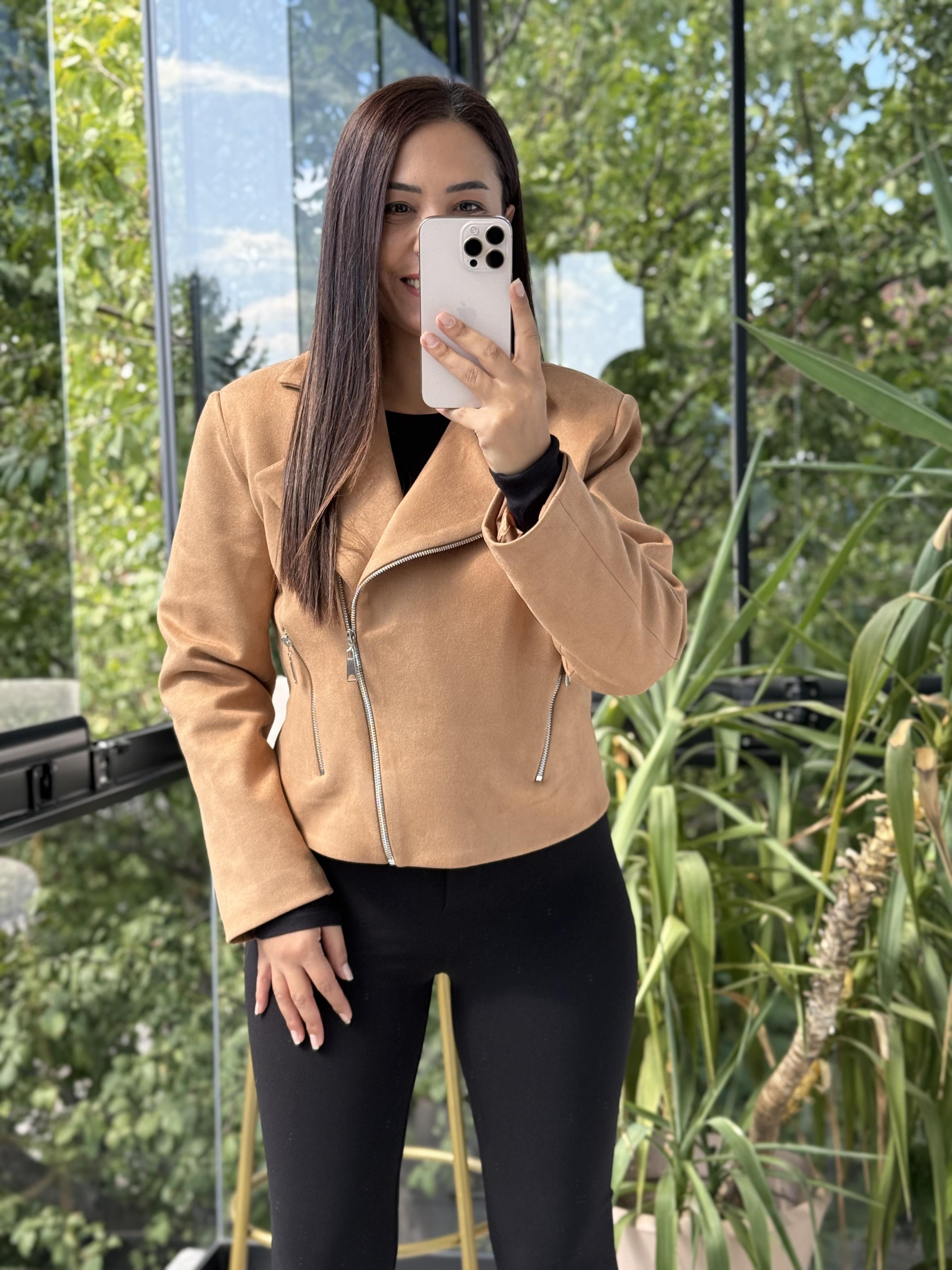 Fermuarlı Süet Mont Ceket Taba