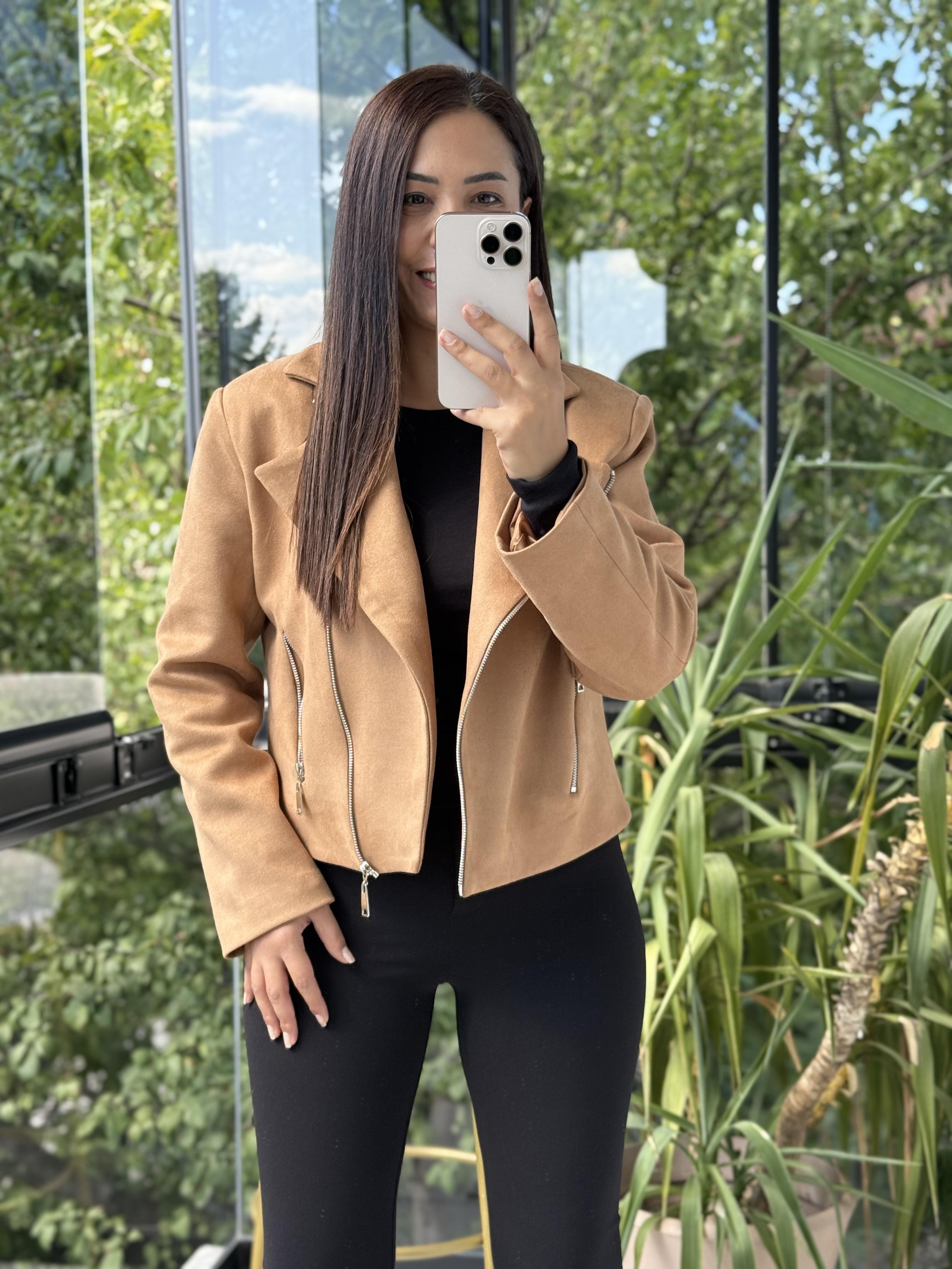 Fermuarlı Süet Mont Ceket Taba