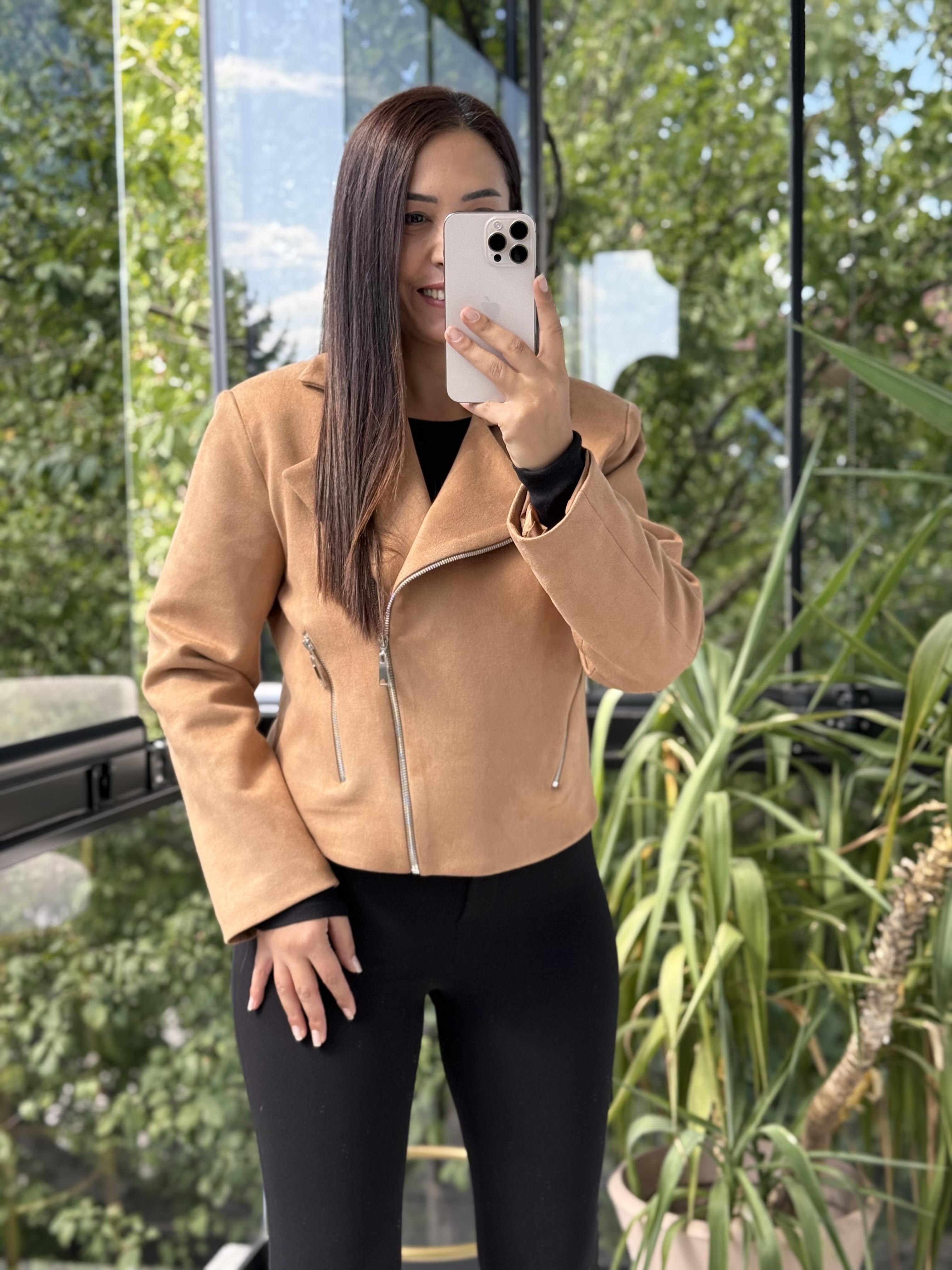 Fermuarlı Süet Mont Ceket Taba