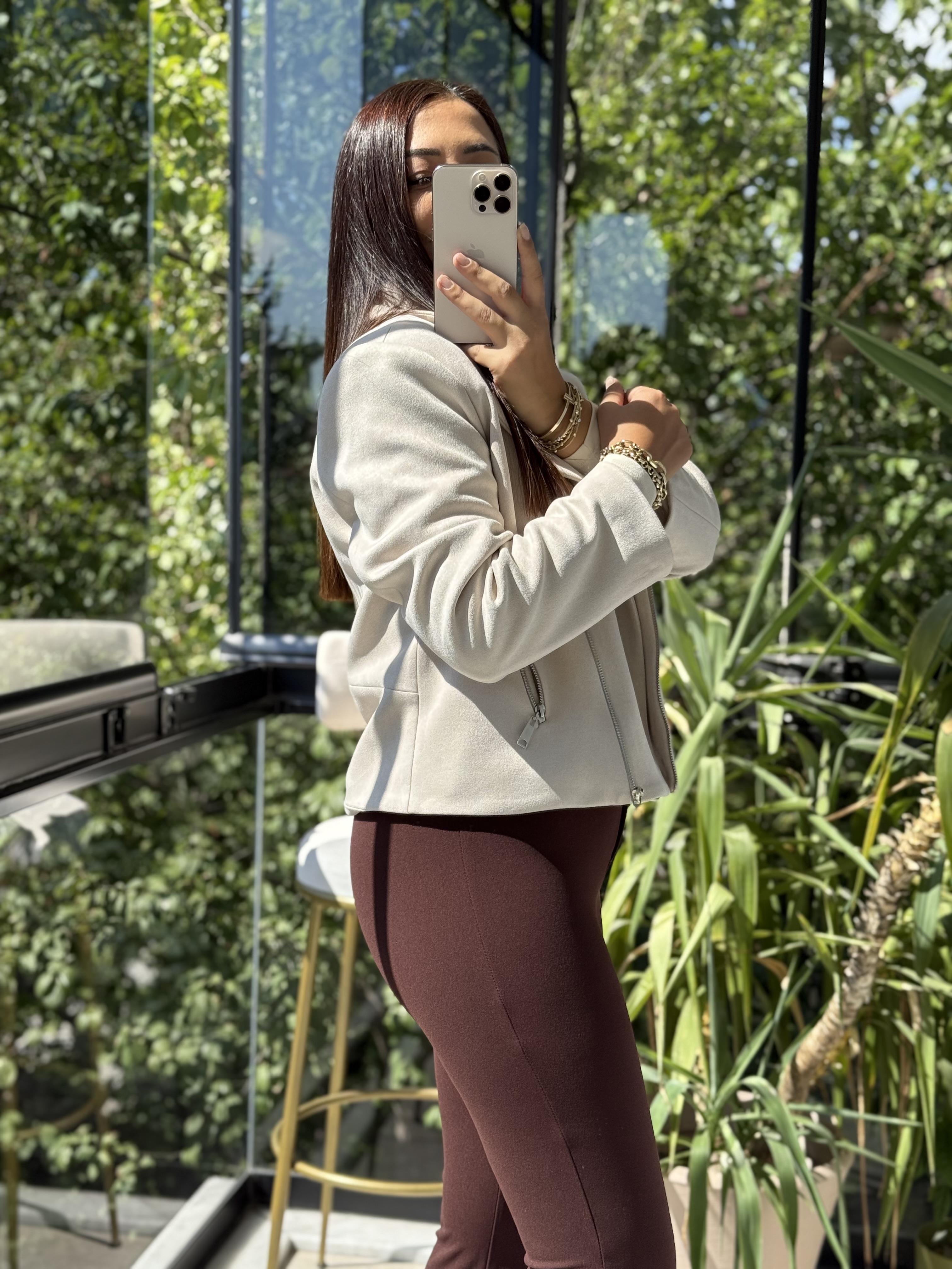 Fermuarlı Süet Mont Ceket Taş