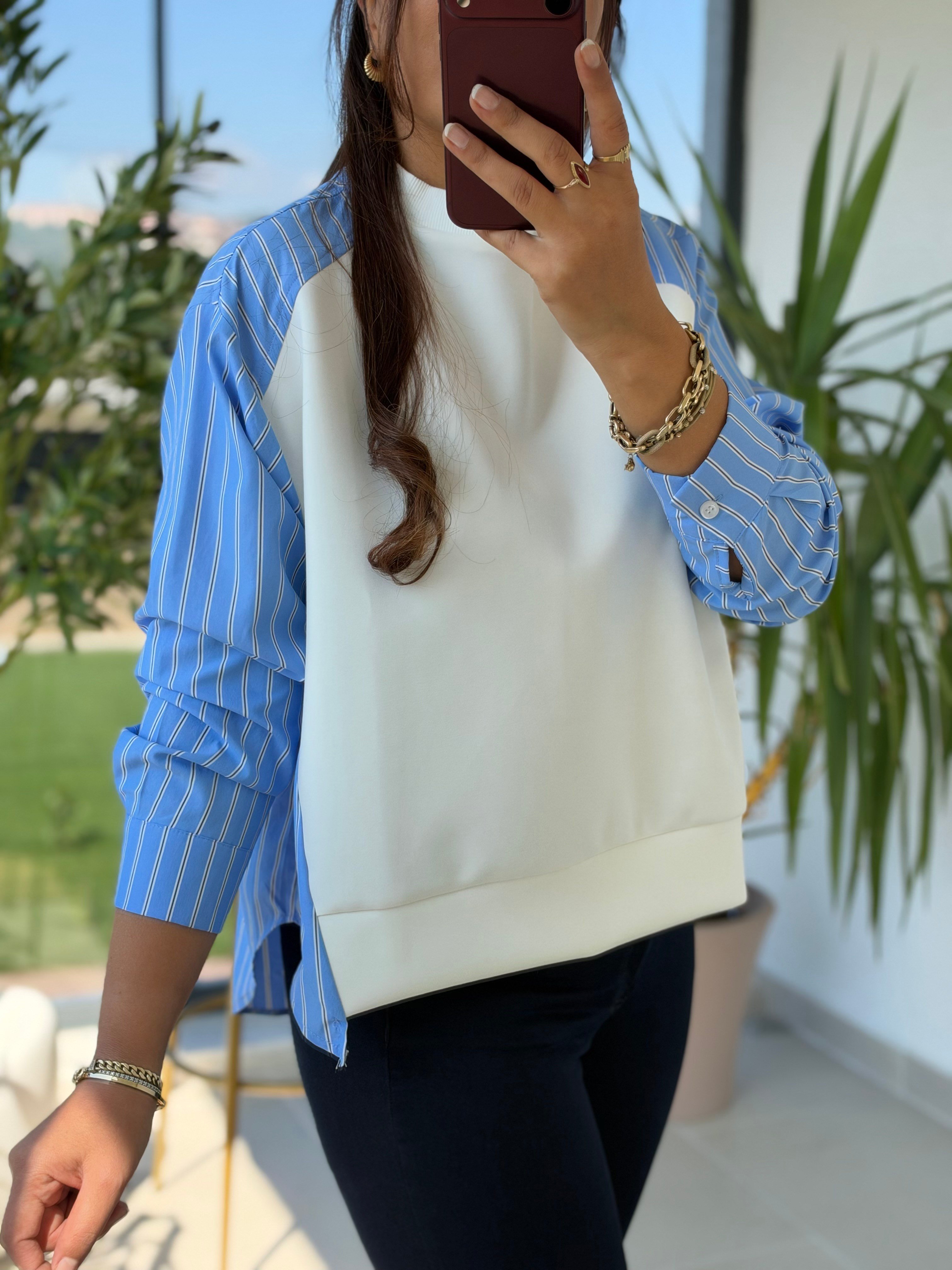Kolu Ve Arkası Çizgili Poplin Modal Sweatshirt Beyaz