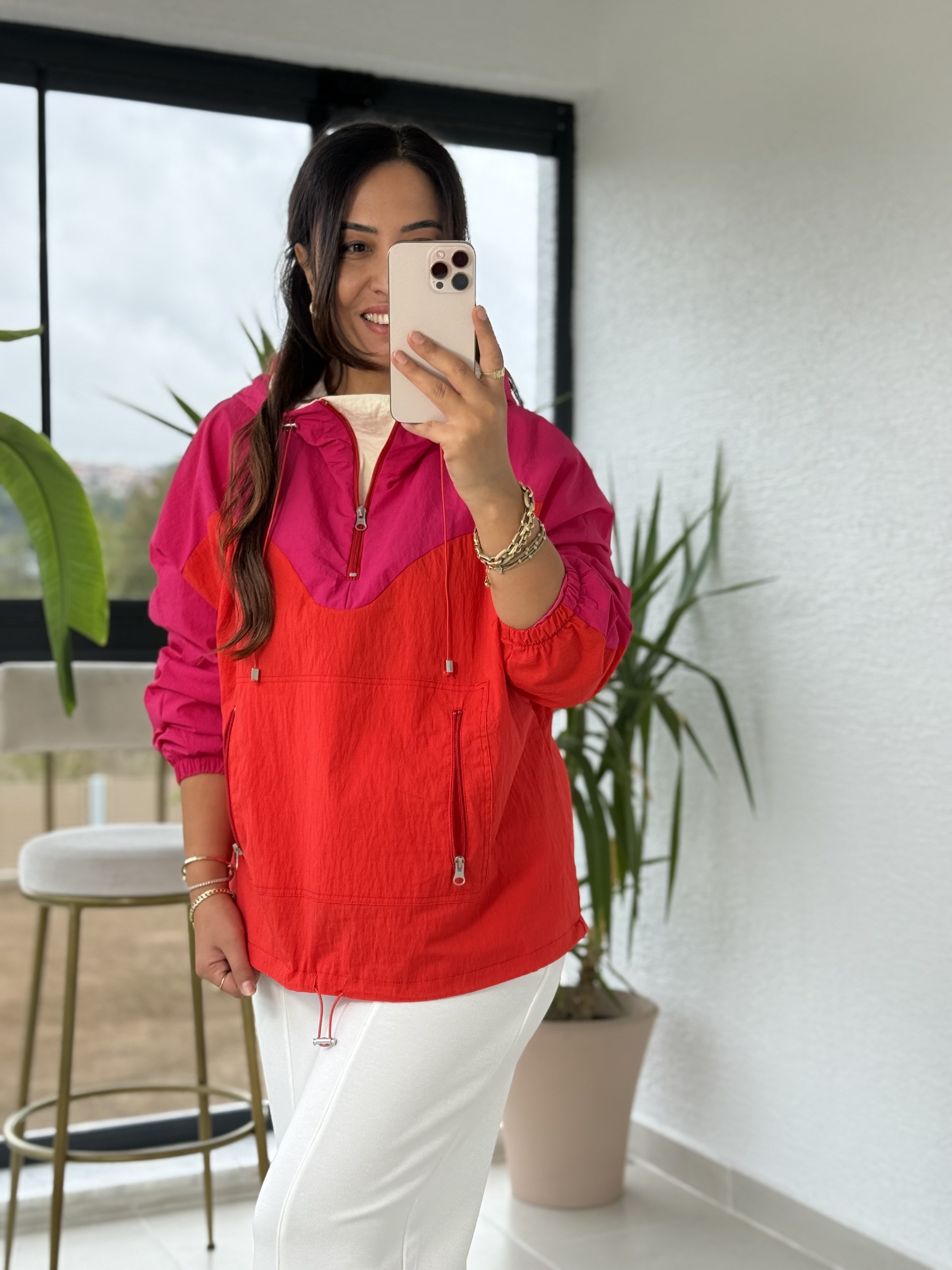 Renk Geçişli Fermuarlı Rüzgarlık Sweatshirt Pembe