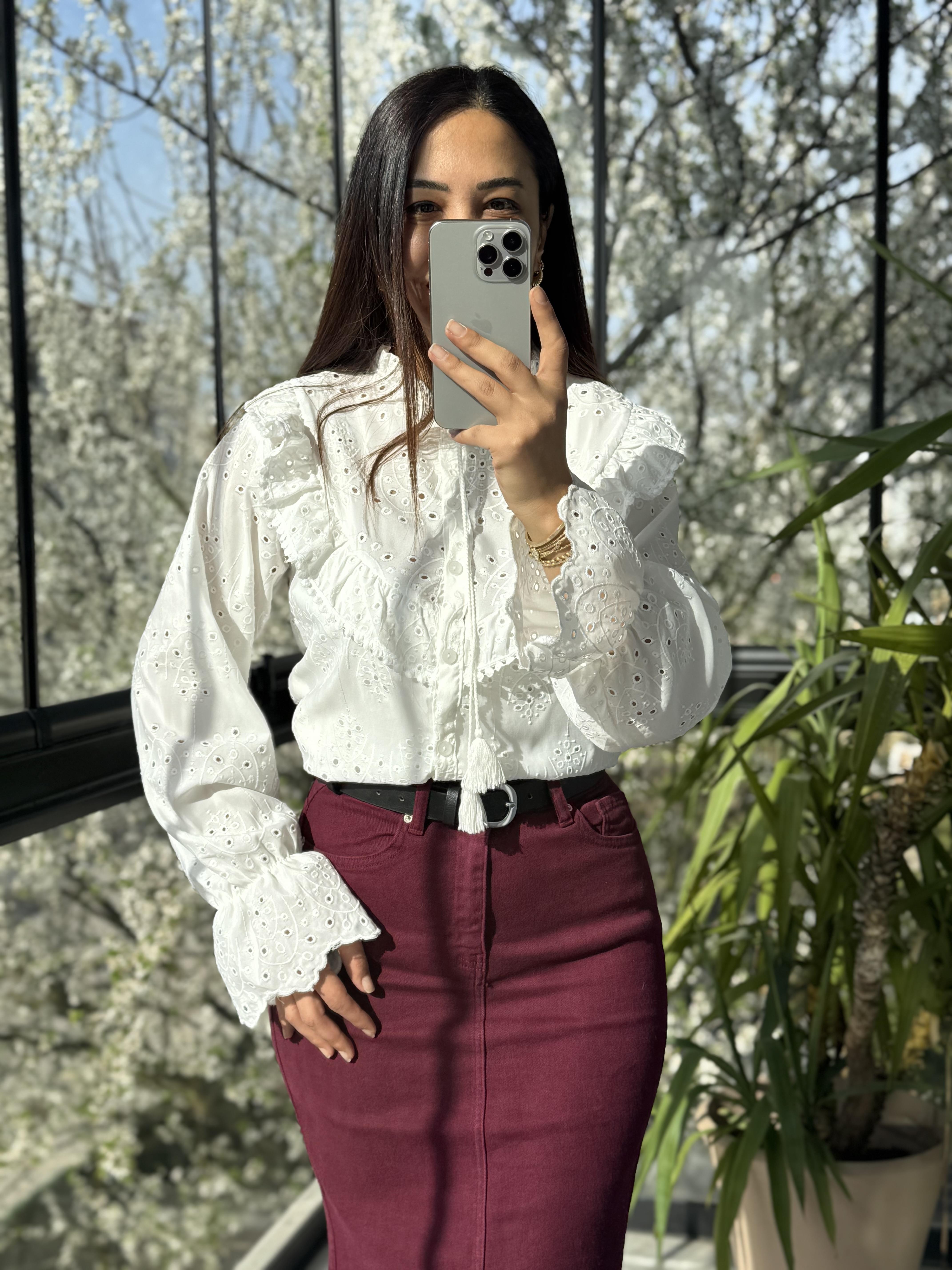 Fırfır Yaka Komple Brode Gömlek Beyaz