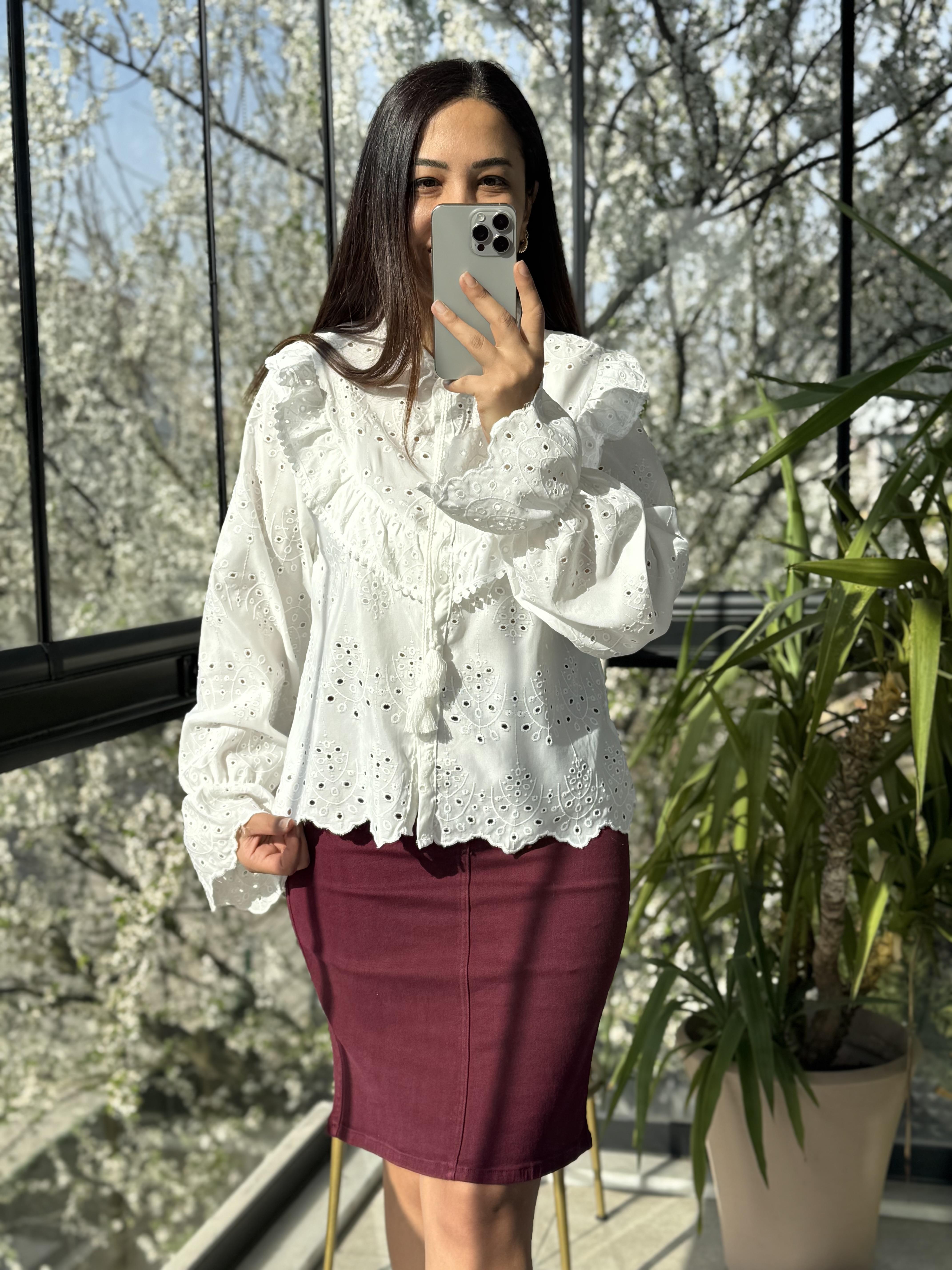 Fırfır Yaka Komple Brode Gömlek Beyaz