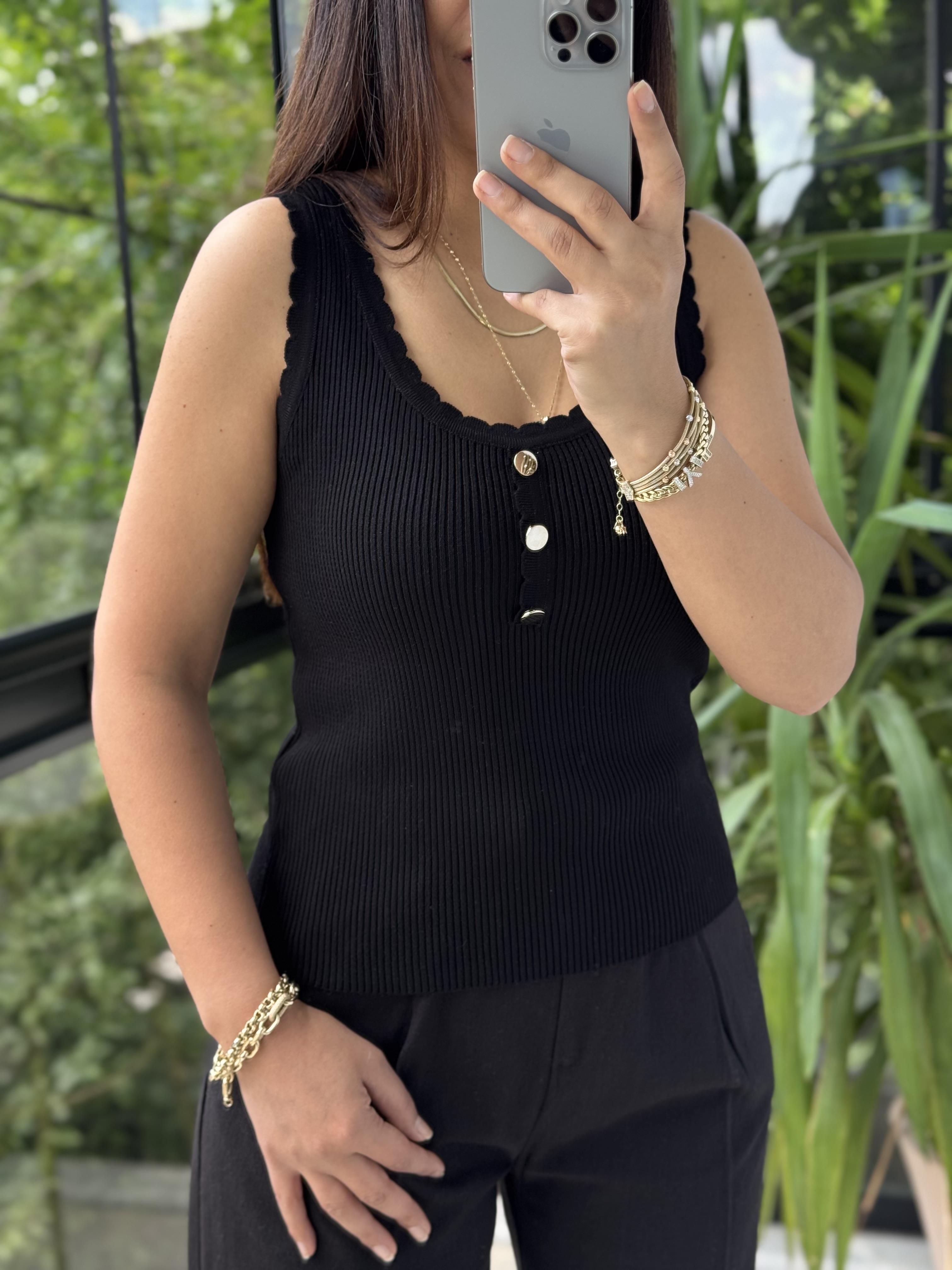 Fitilli Düğme Detaylı Triko Bluz Siyah