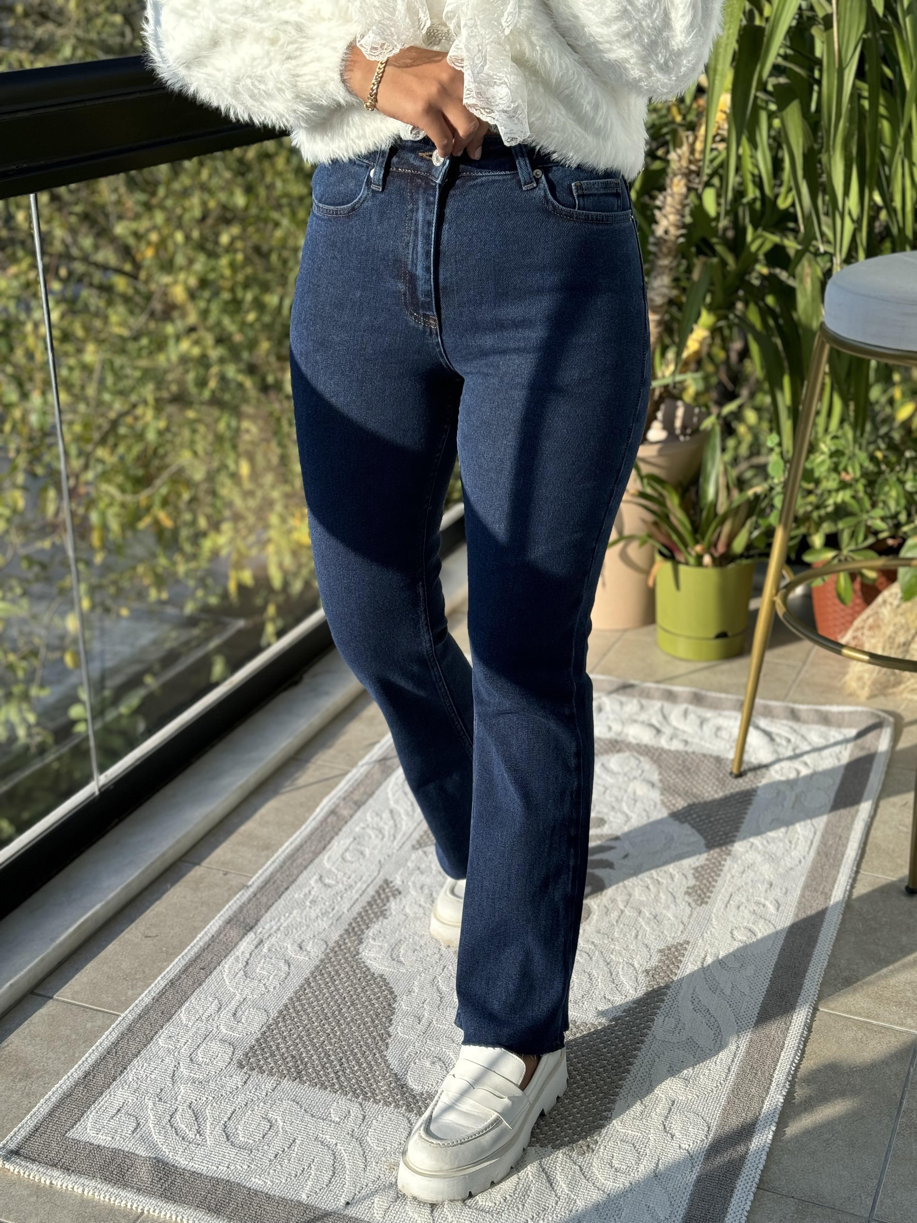 Flare İspanyol Dikişsiz Paça Mom Fit Jean Lacivert