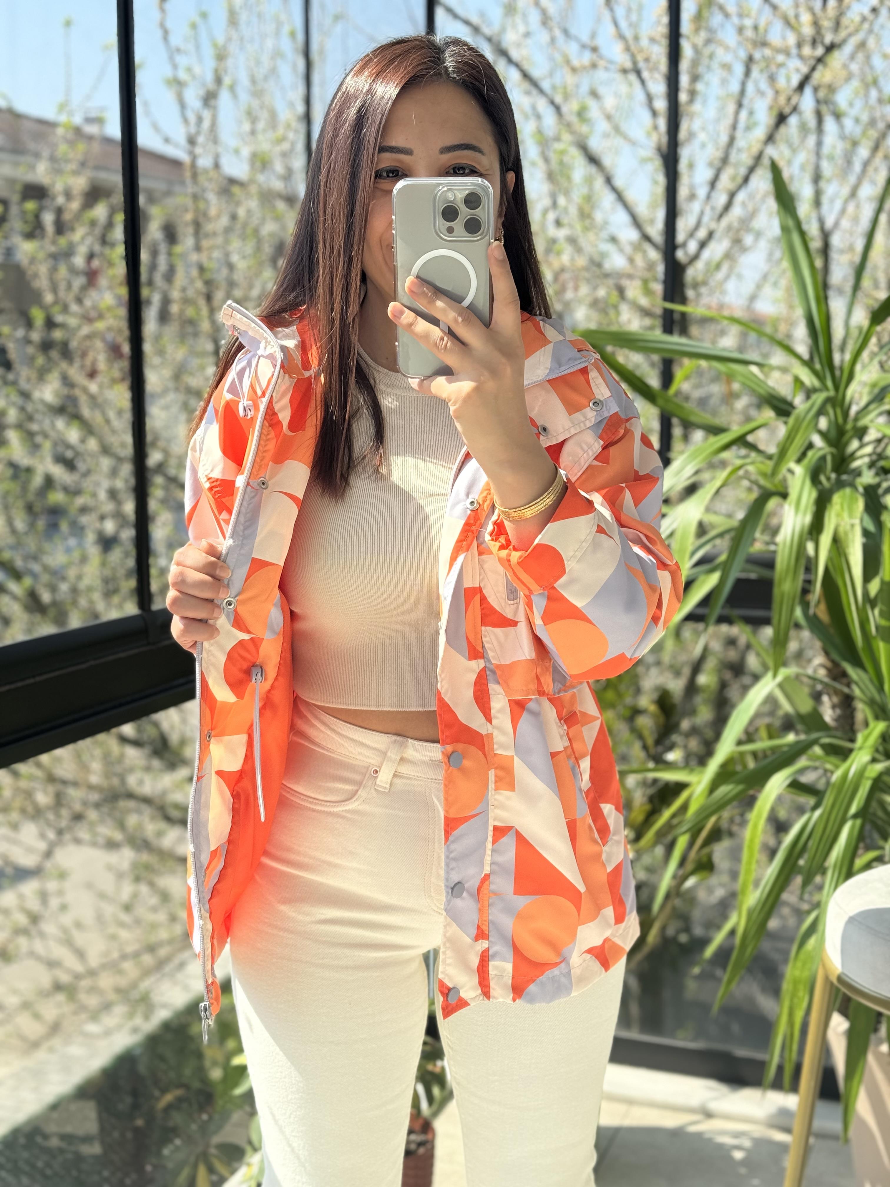 Geometrik Desen Yağmurluk Turuncu