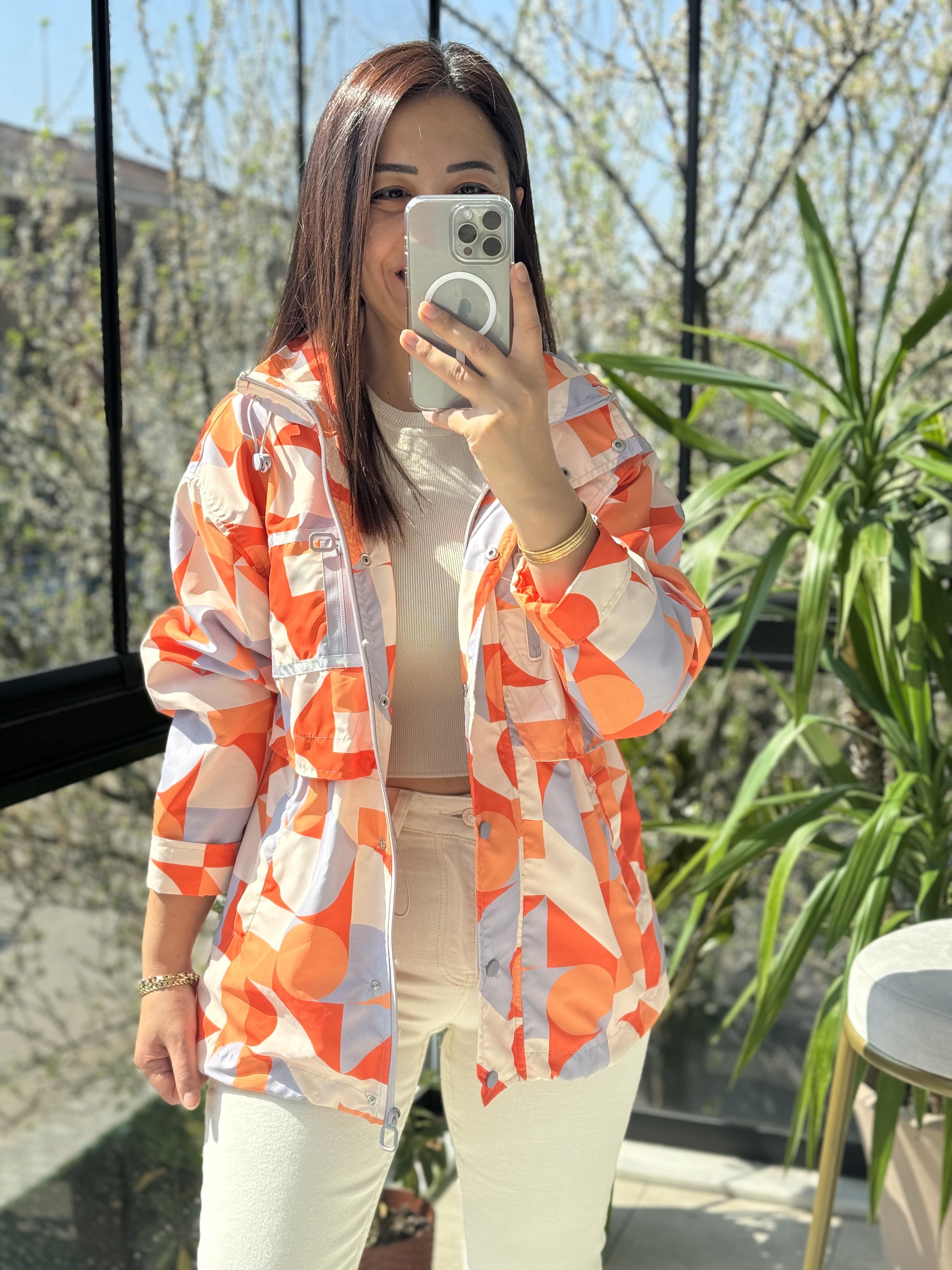 Geometrik Desen Yağmurluk Turuncu